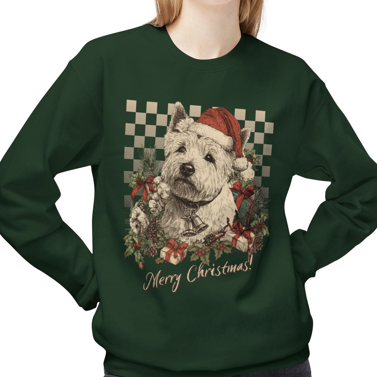 Person wearing a green sweatshirt with a Christmas-themed dog design on a white background