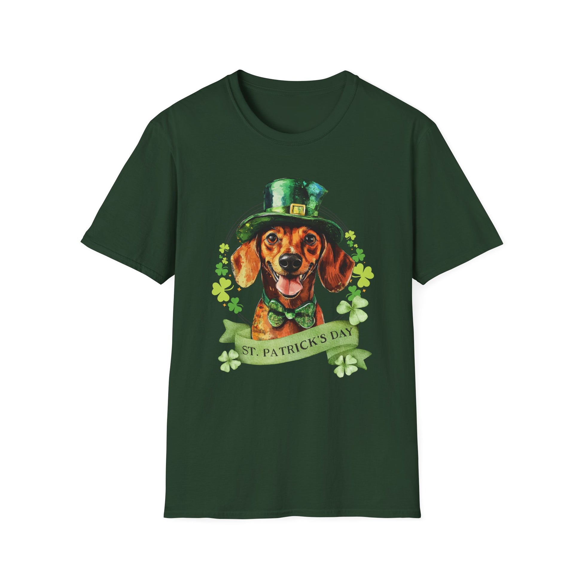 St. Patrick’s Day t-shirt featuring a Dachshund dog with a shamrock garland and festive Irish design