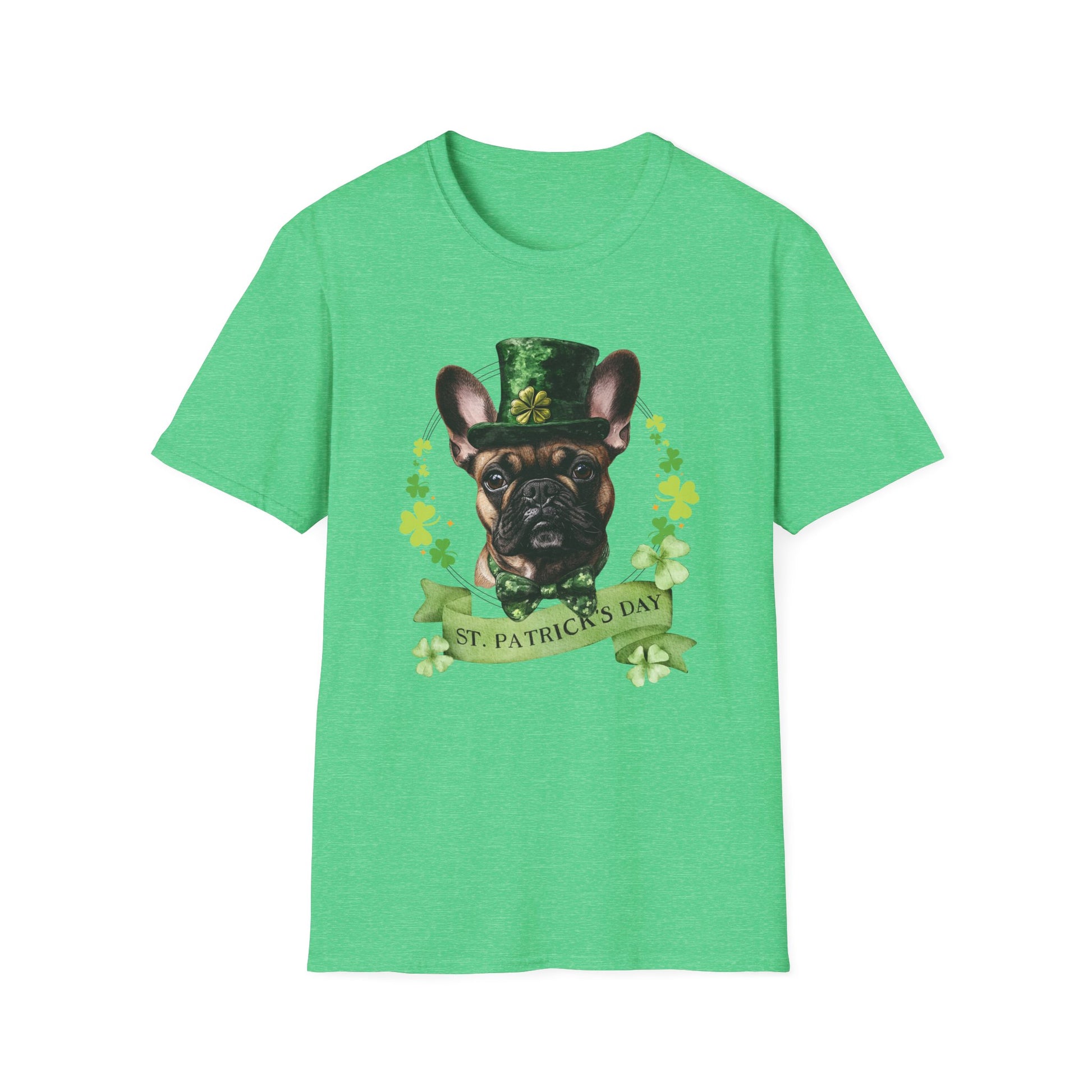 St. Patrick’s Day kelly green heather t-shirt featuring a fawn french bulldog with a shamrock garland and festive Irish design