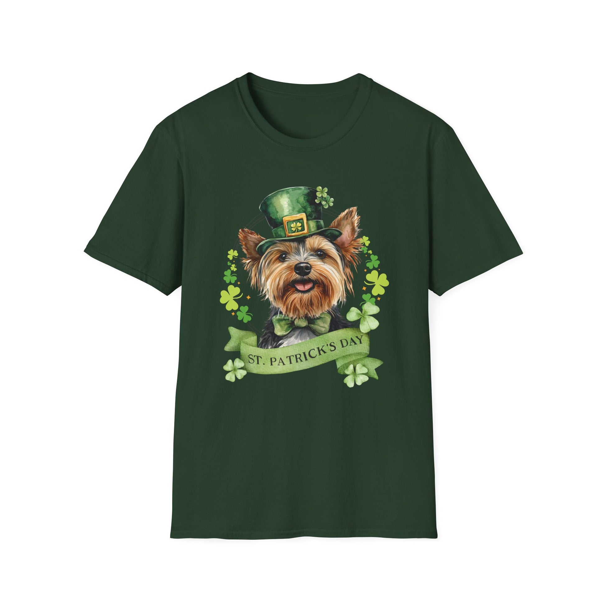 St. Patrick’s Day t-shirt featuring a yorkshire terrier dog with a shamrock garland and festive Irish design