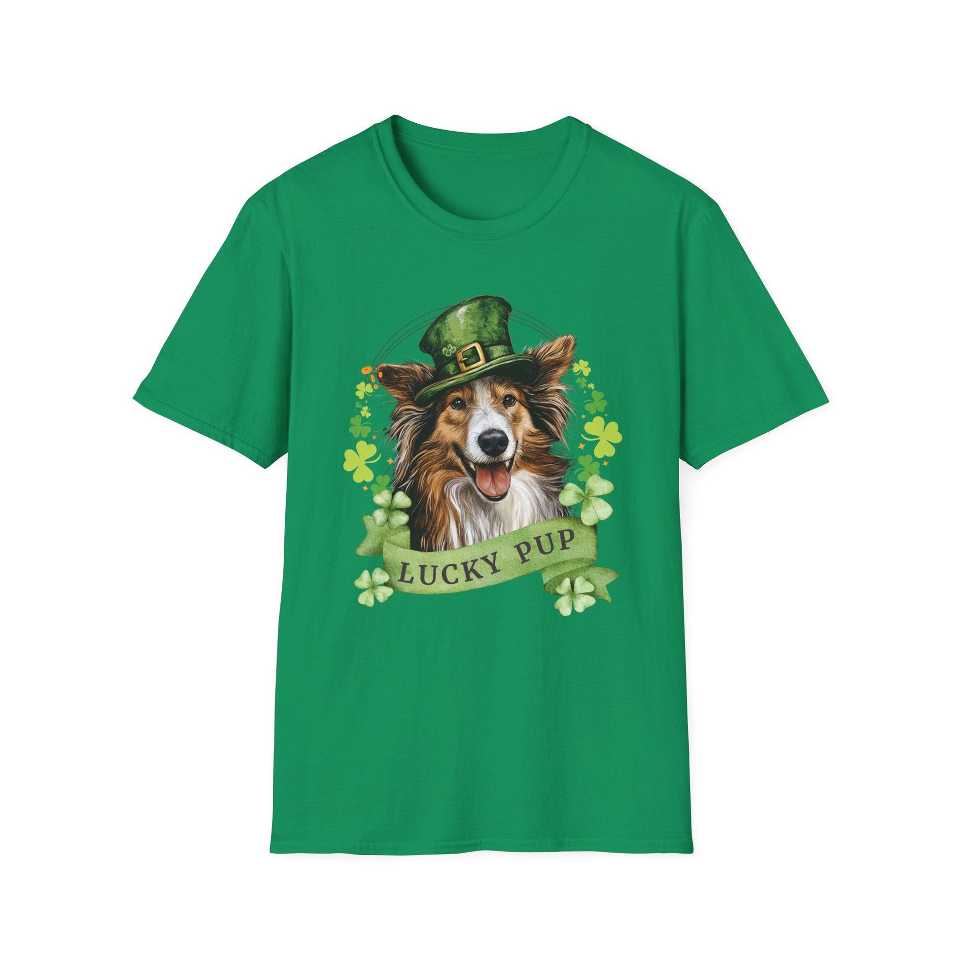 kelly green St. Patrick’s Day t-shirt featuring a Shetland sheepdog dog with a shamrock garland and festive Irish design