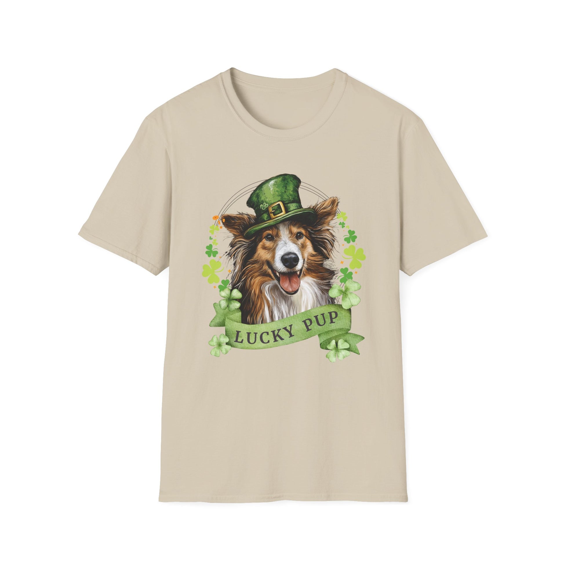 sand St. Patrick’s Day t-shirt featuring a Shetland sheepdog dog with a shamrock garland and festive Irish design