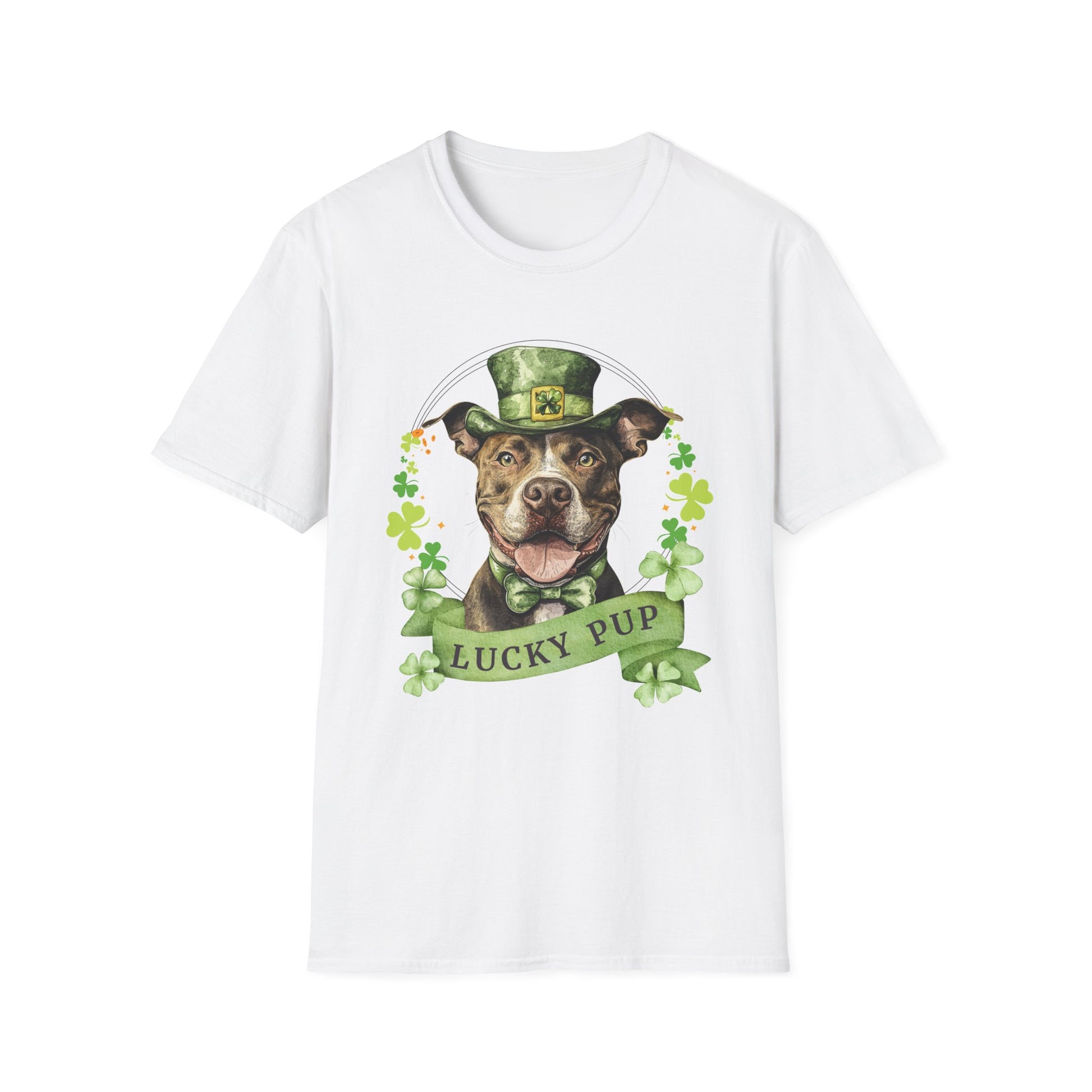 White cotton St. Patrick’s Day tee for dog moms and dads, featuring a Pit Bull dog design