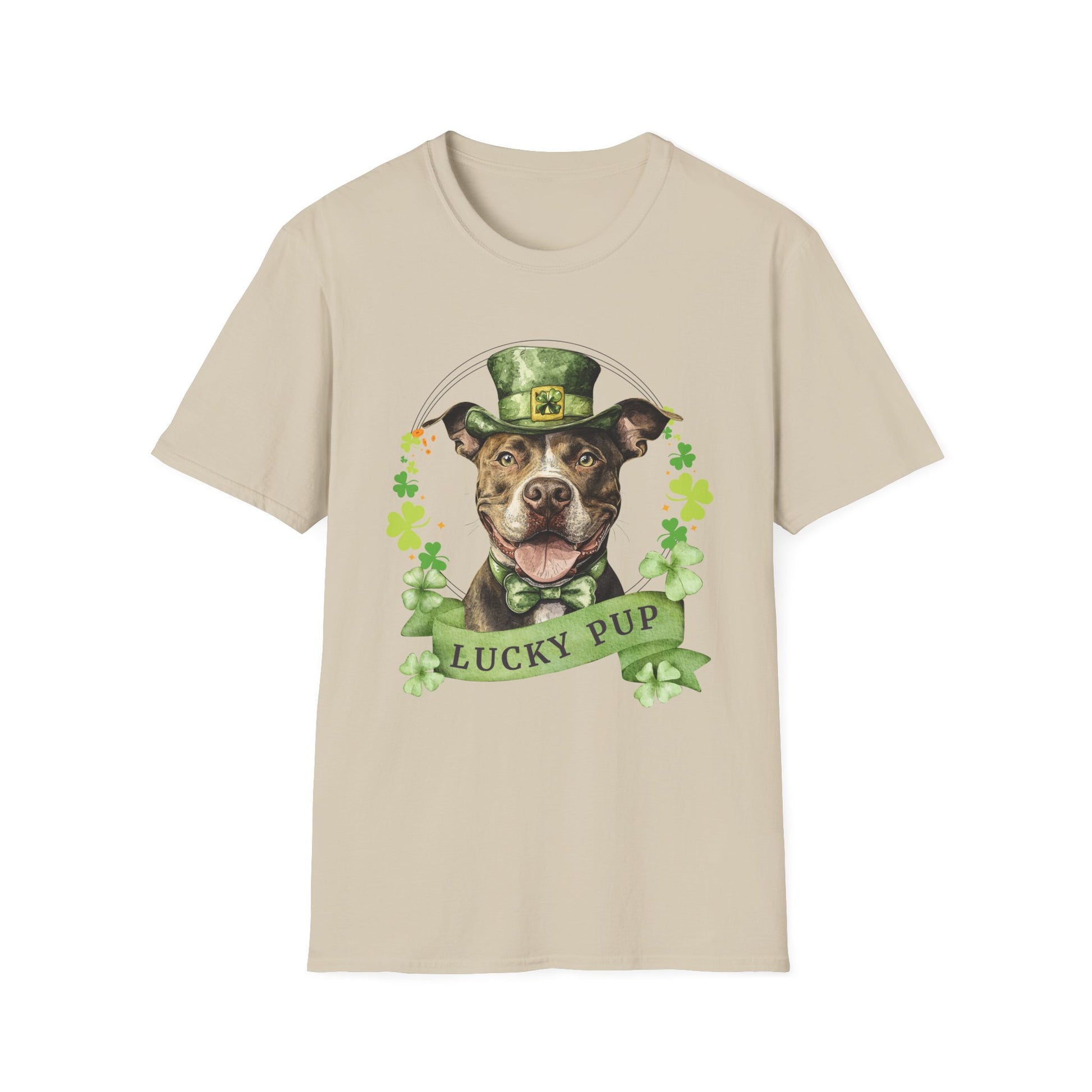 Sand cotton St. Patrick’s Day tee for dog moms and dads, featuring a Pit Bull dog design