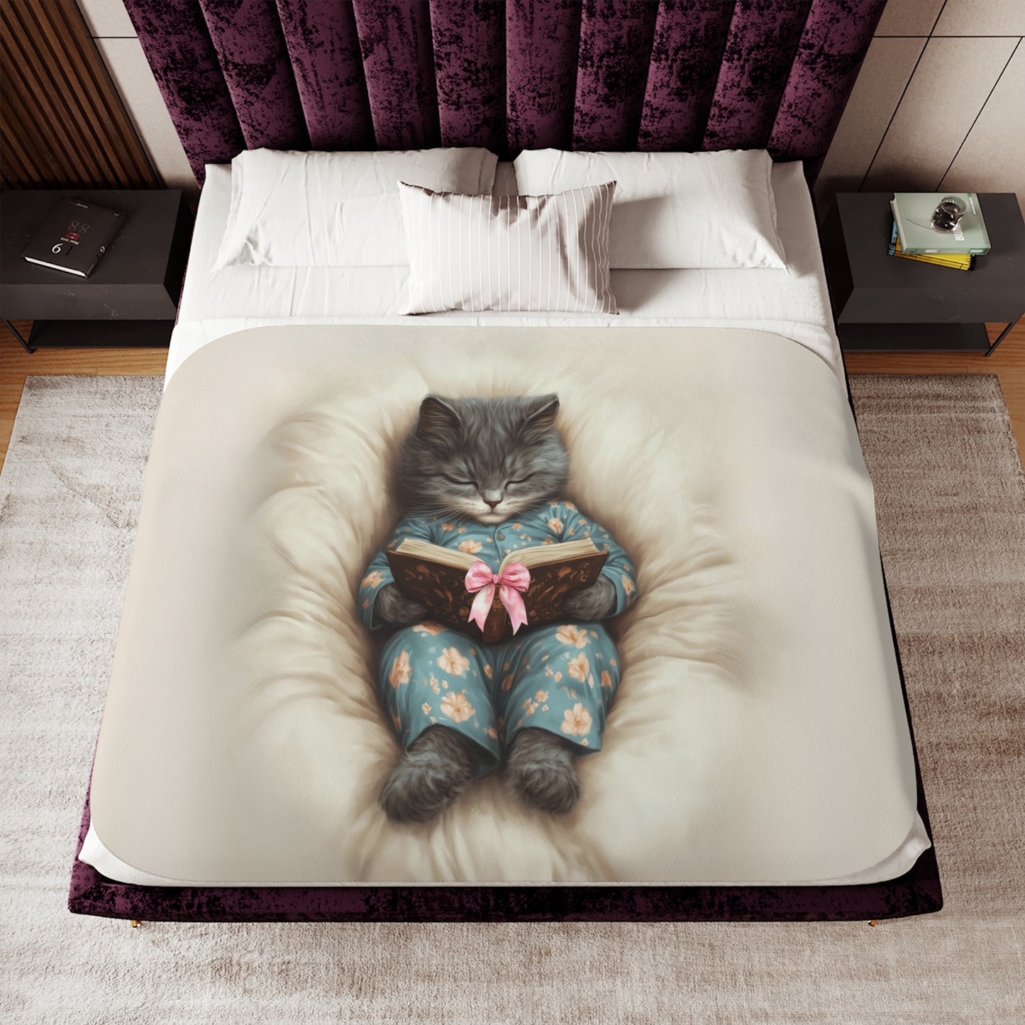 Comfort Zone - Cozy Cat Reading Blanket – Custom Sherpa Throw, Beige - Horizontal