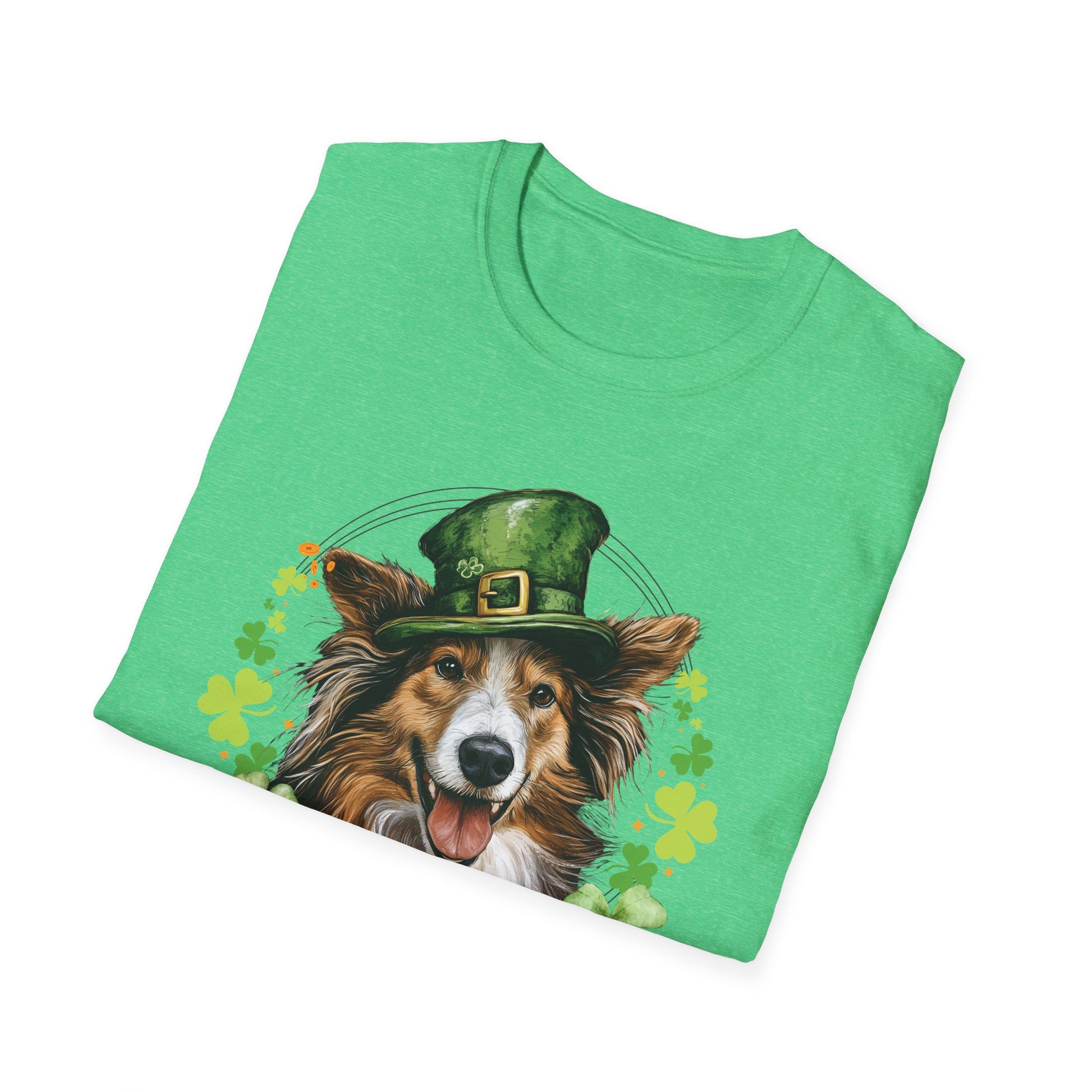  St. Patrick’s Day t-shirt featuring a Shetland sheepdog dog with a shamrock garland and festive Irish design