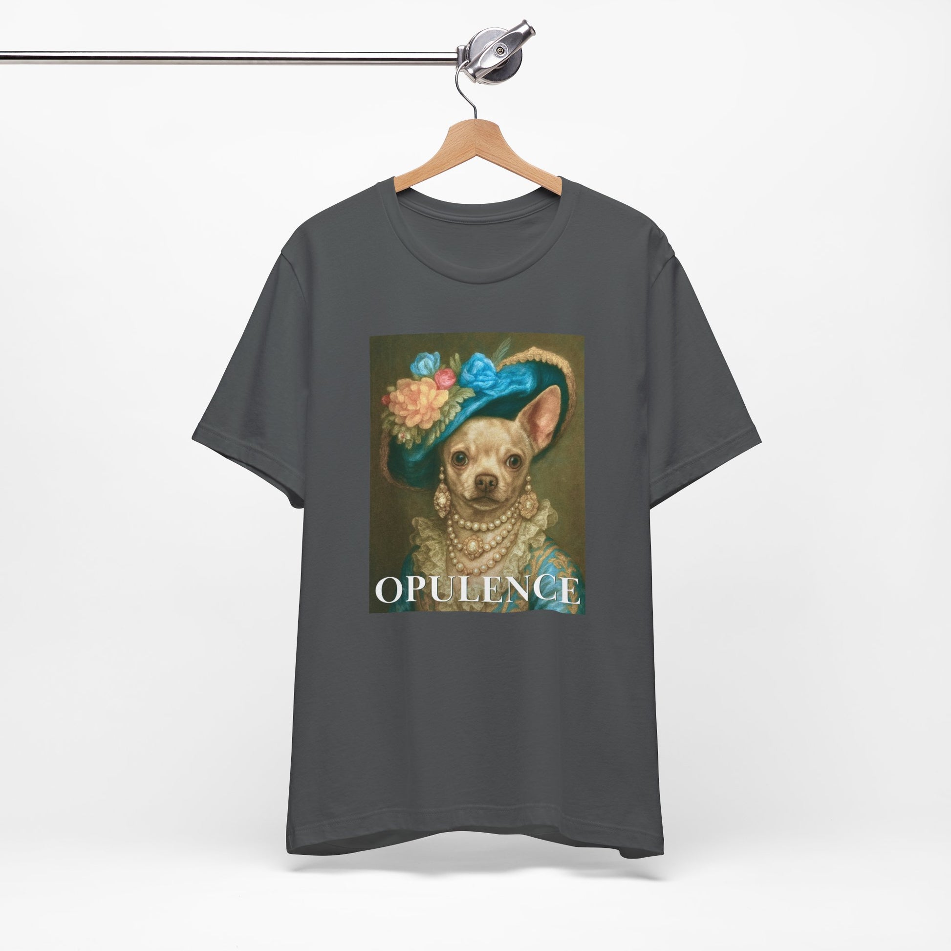 asphalt gray t-shirt with a dog in a hat graphic and 'Opulence' text on a hanger against a white background