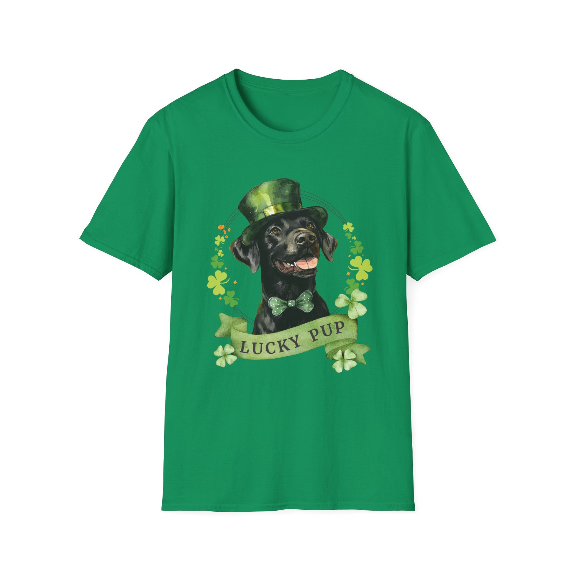 St. Patrick’s Day t-shirt featuring a Black Labrador Retriever dog with a shamrock garland and festive Irish design kelly green
