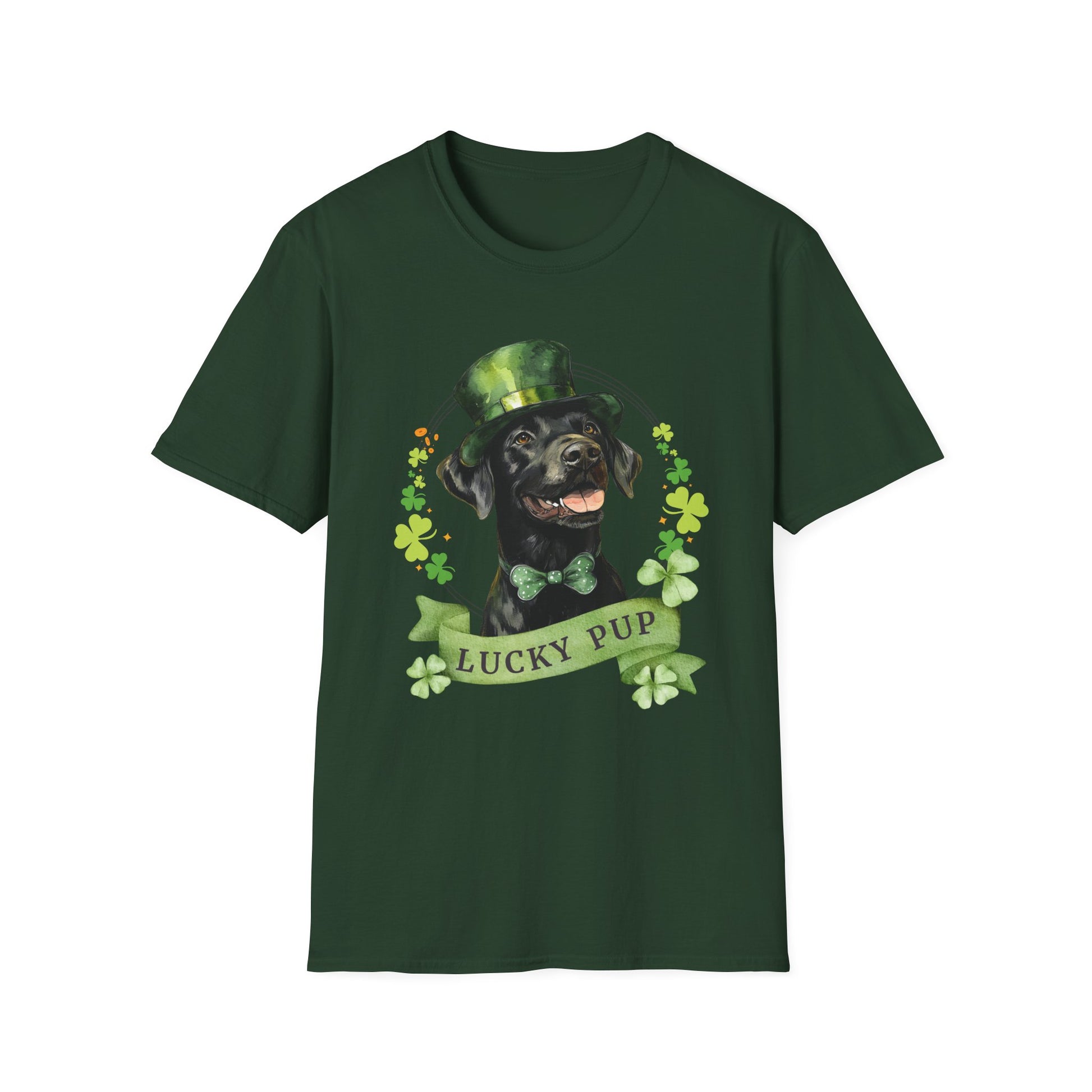 St. Patrick’s Day t-shirt featuring a Black Labrador Retriever dog with a shamrock garland and festive Irish design