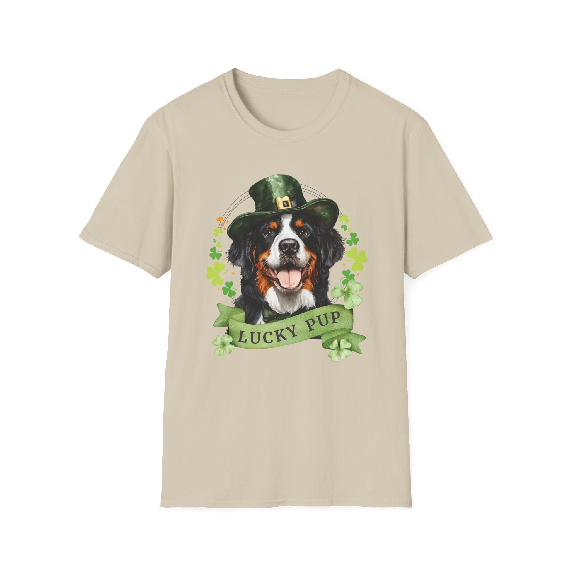 St. Patrick’s Day t-shirt featuring a bernese mountain dog with a shamrock garland and festive Irish design