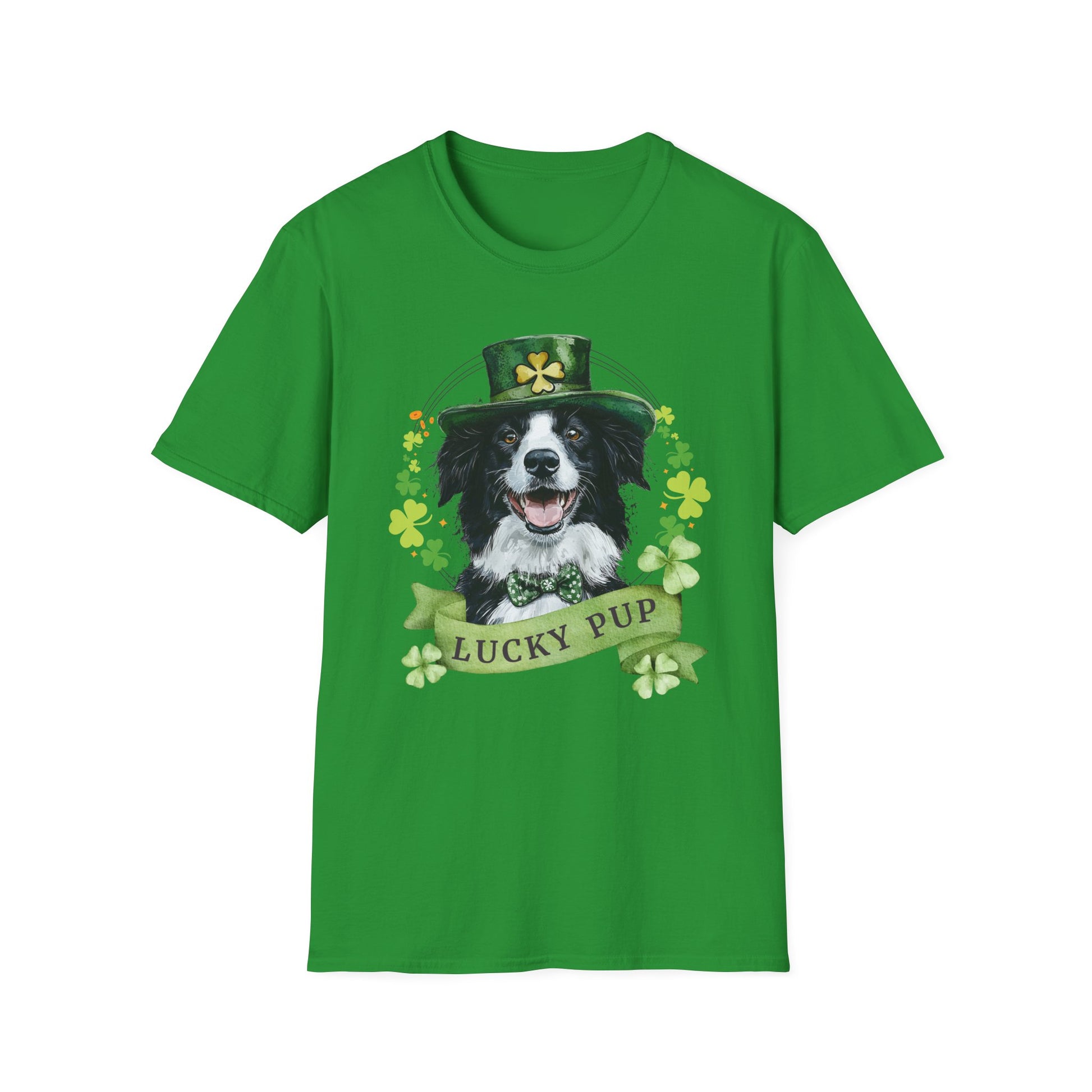 St. Patrick’s Day t-shirt featuring a Border Collie dog with a shamrock garland and festive Irish design