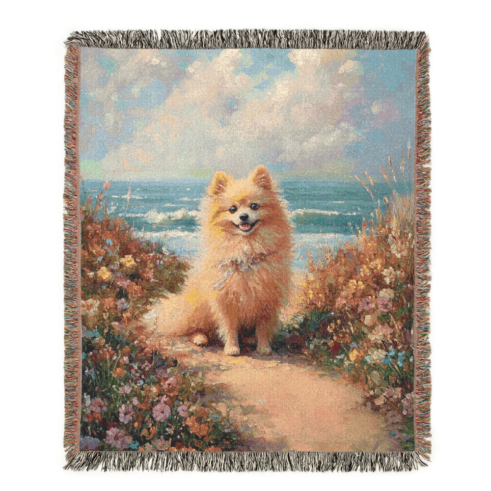 Pomeranian by the Seaside – Woven Blanket - Floral Dog Design for Home Comfort - Customization available