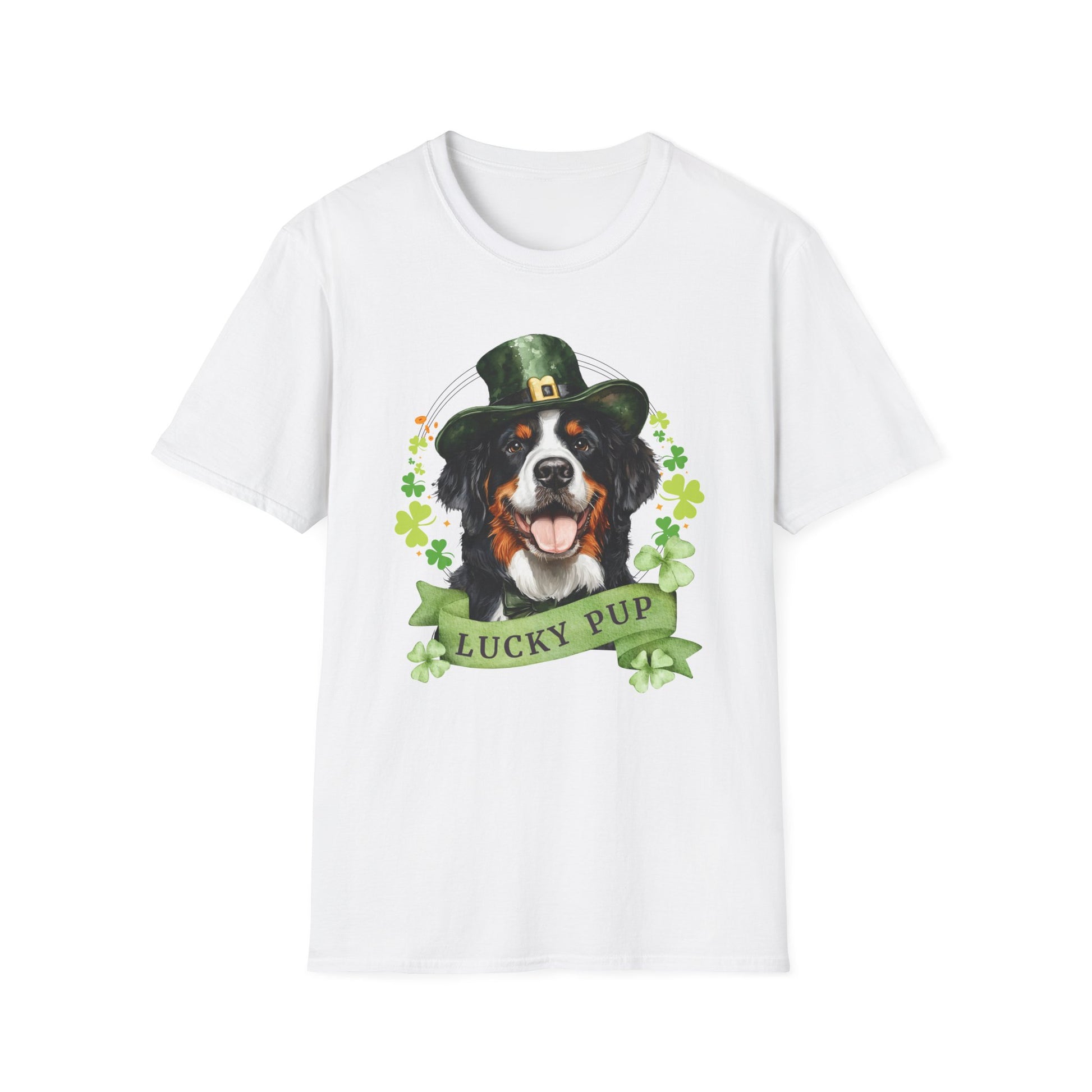 St. Patrick’s Day t-shirt featuring a bernese mountain dog with a shamrock garland and festive Irish design