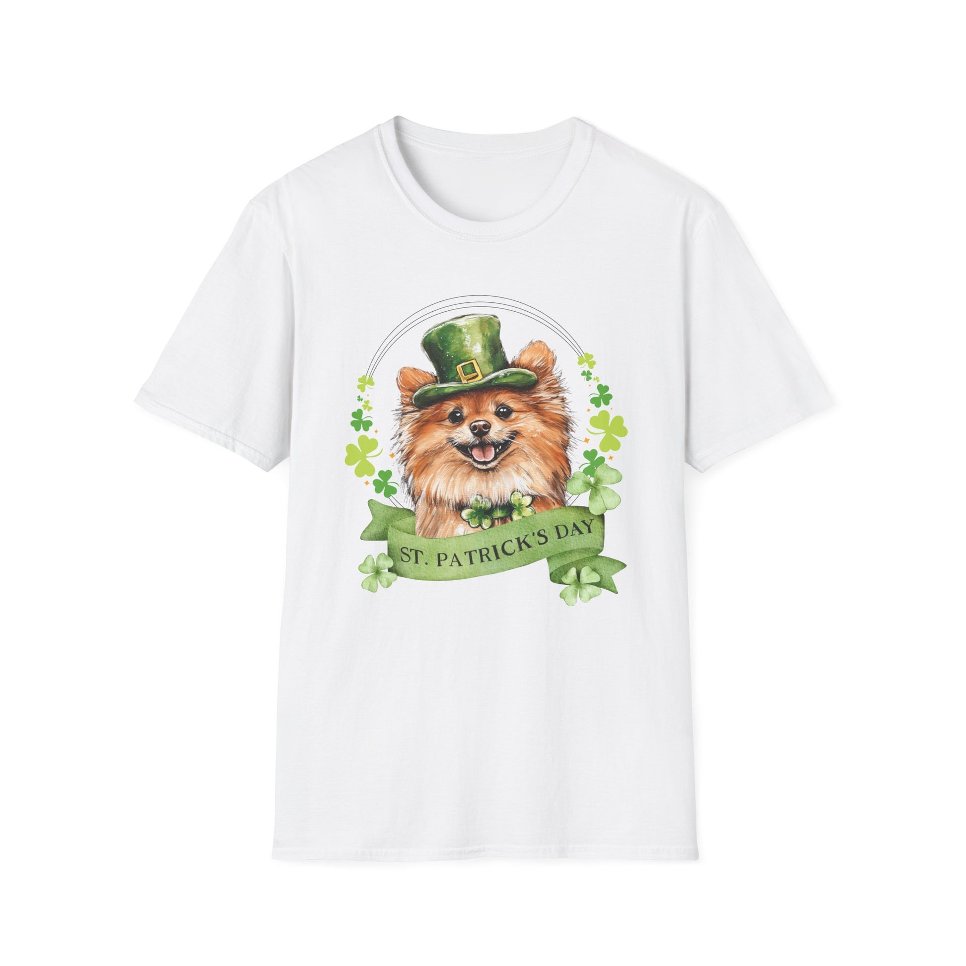 St. Patrick’s Day white t-shirt featuring a Pomeranian dog with a shamrock garland and festive Irish design