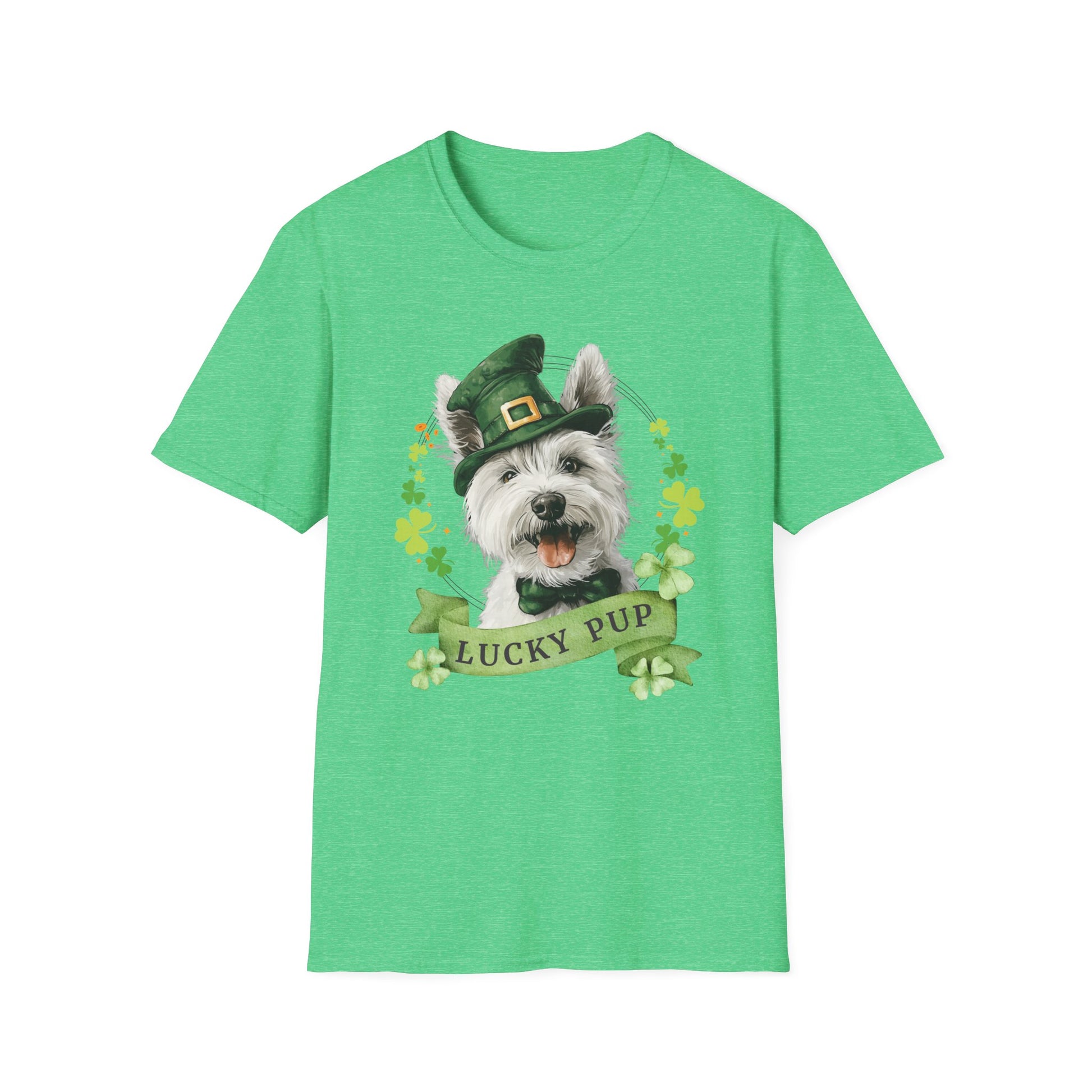 St. Patrick’s Day t-shirt featuring  west highland white terrier dog with a shamrock garland and festive Irish design