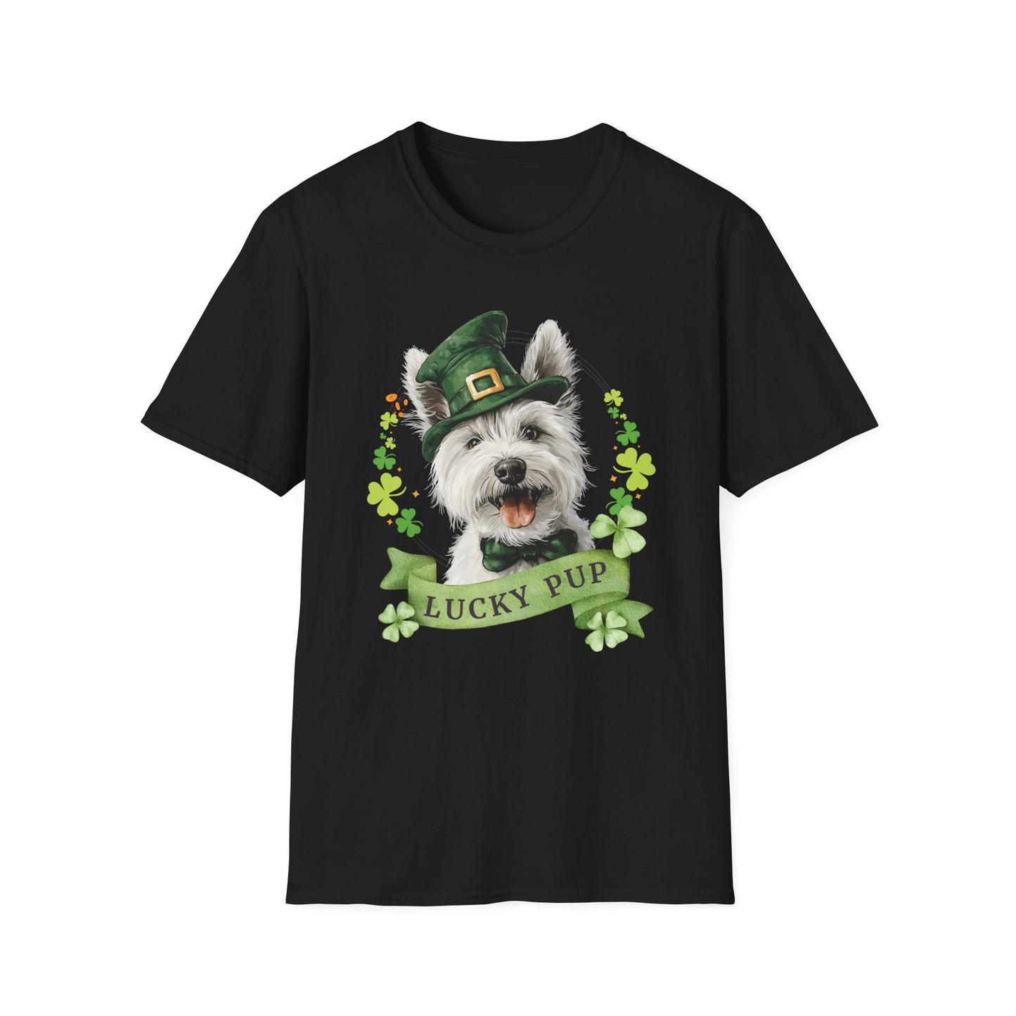 St. Patrick’s Day t-shirt featuring  west highland white terrier dog with a shamrock garland and festive Irish design, black