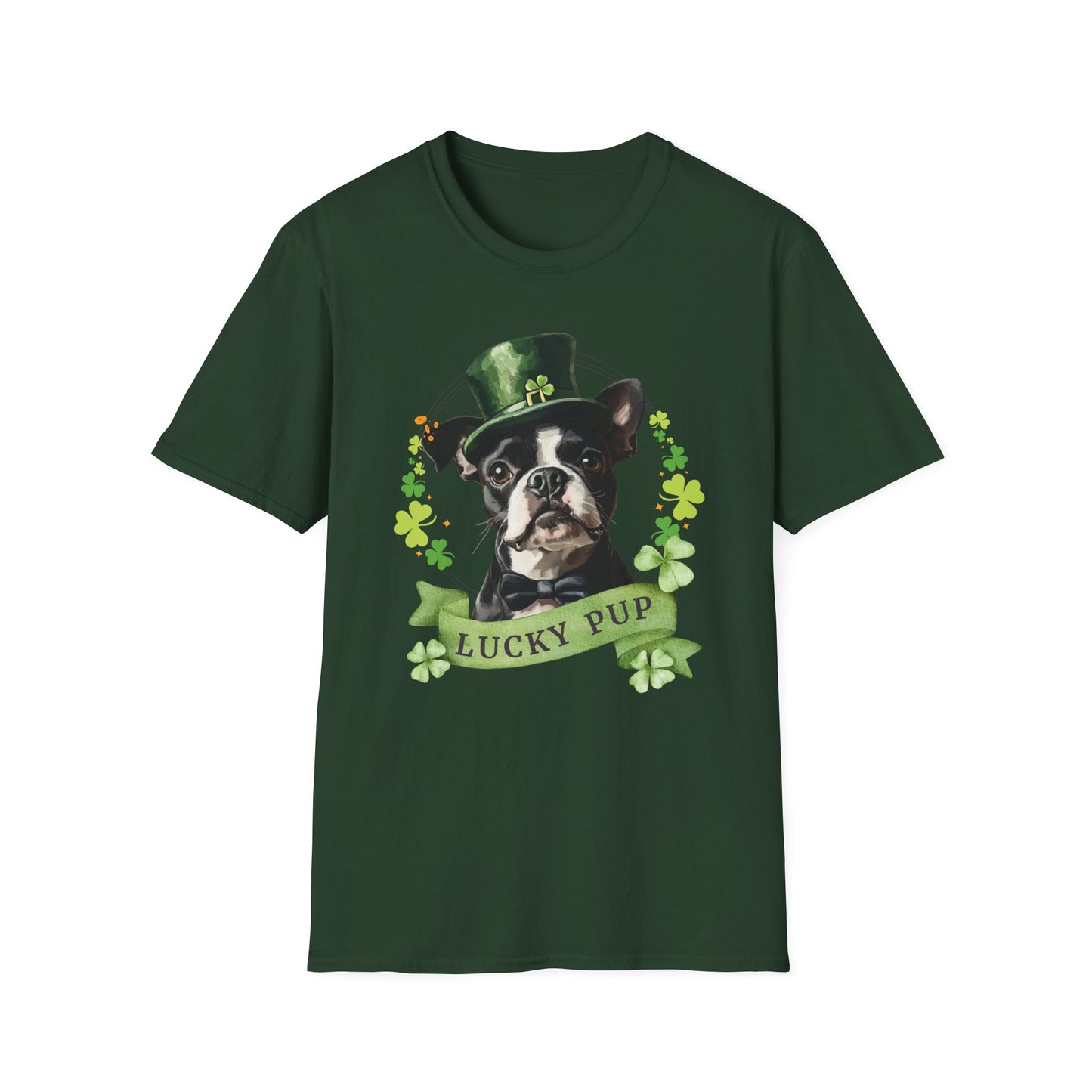 forest green St. Patrick’s Day t-shirt featuring a Boston Terrier with a shamrock garland and festive Irish design