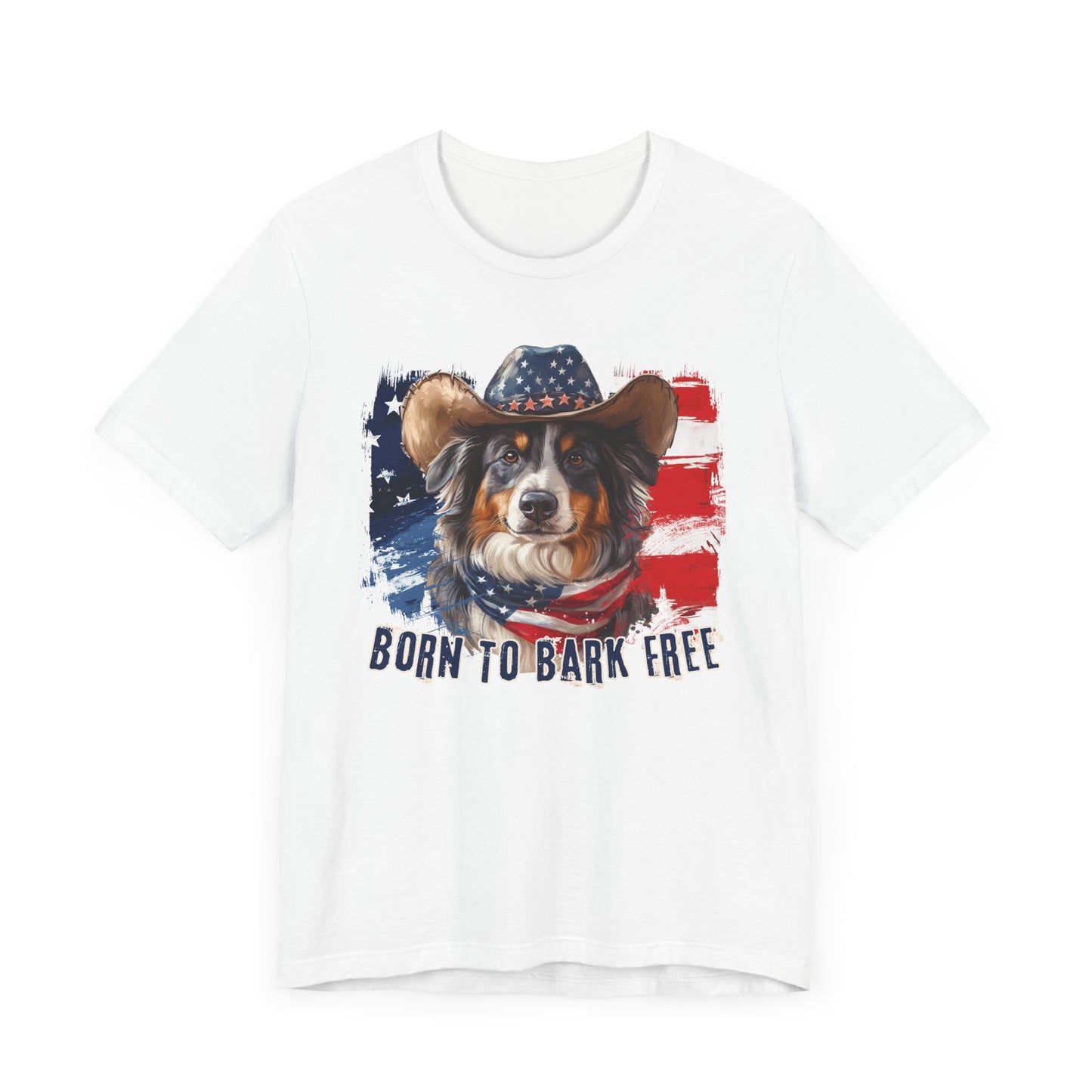 Australian Shepherd Patriotic T-Shirt "Born to Bark Free" - Dog-Themed Patriotic Design