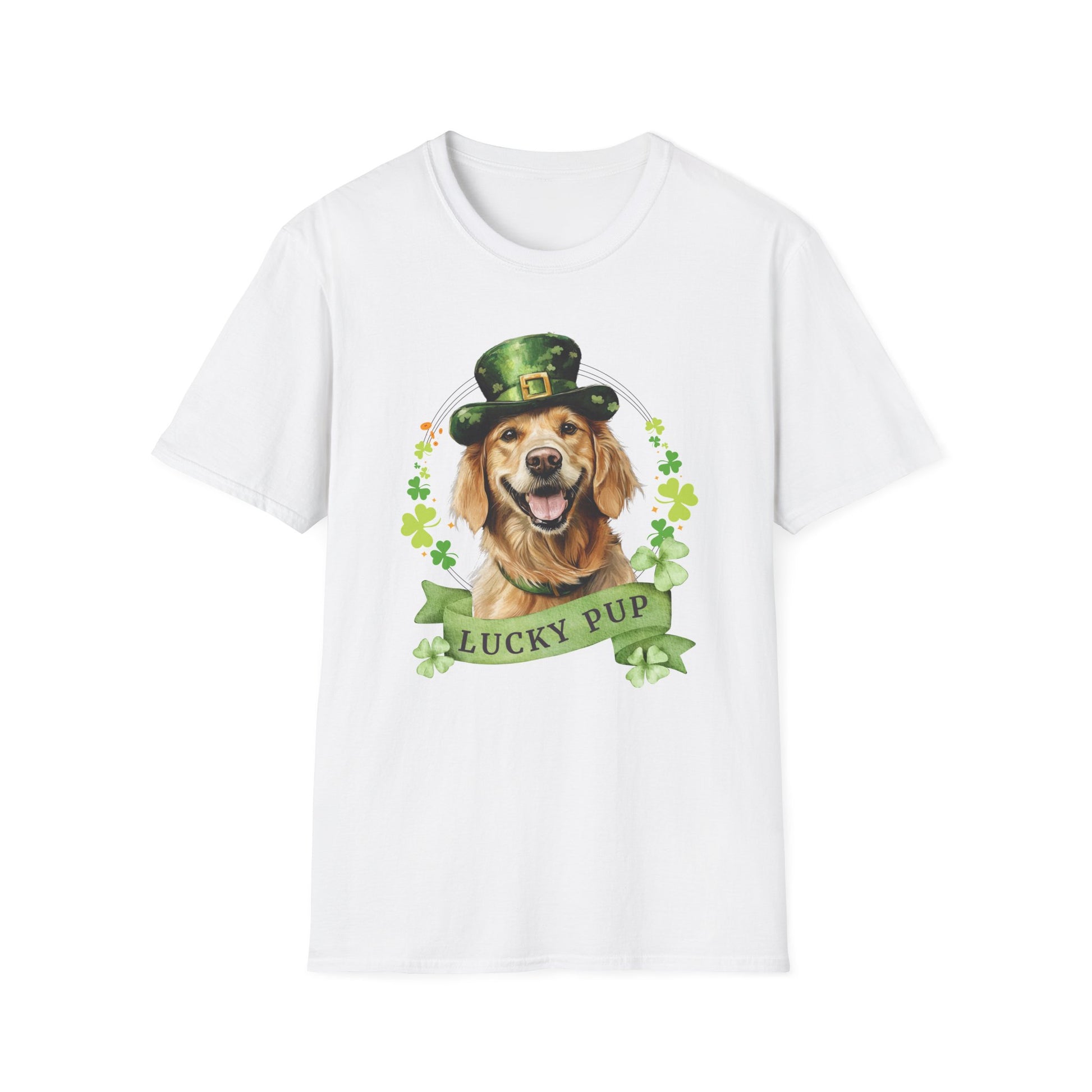 St. Patrick’s Day white t-shirt featuring a golden retriever dog with a shamrock garland and festive Irish designan 