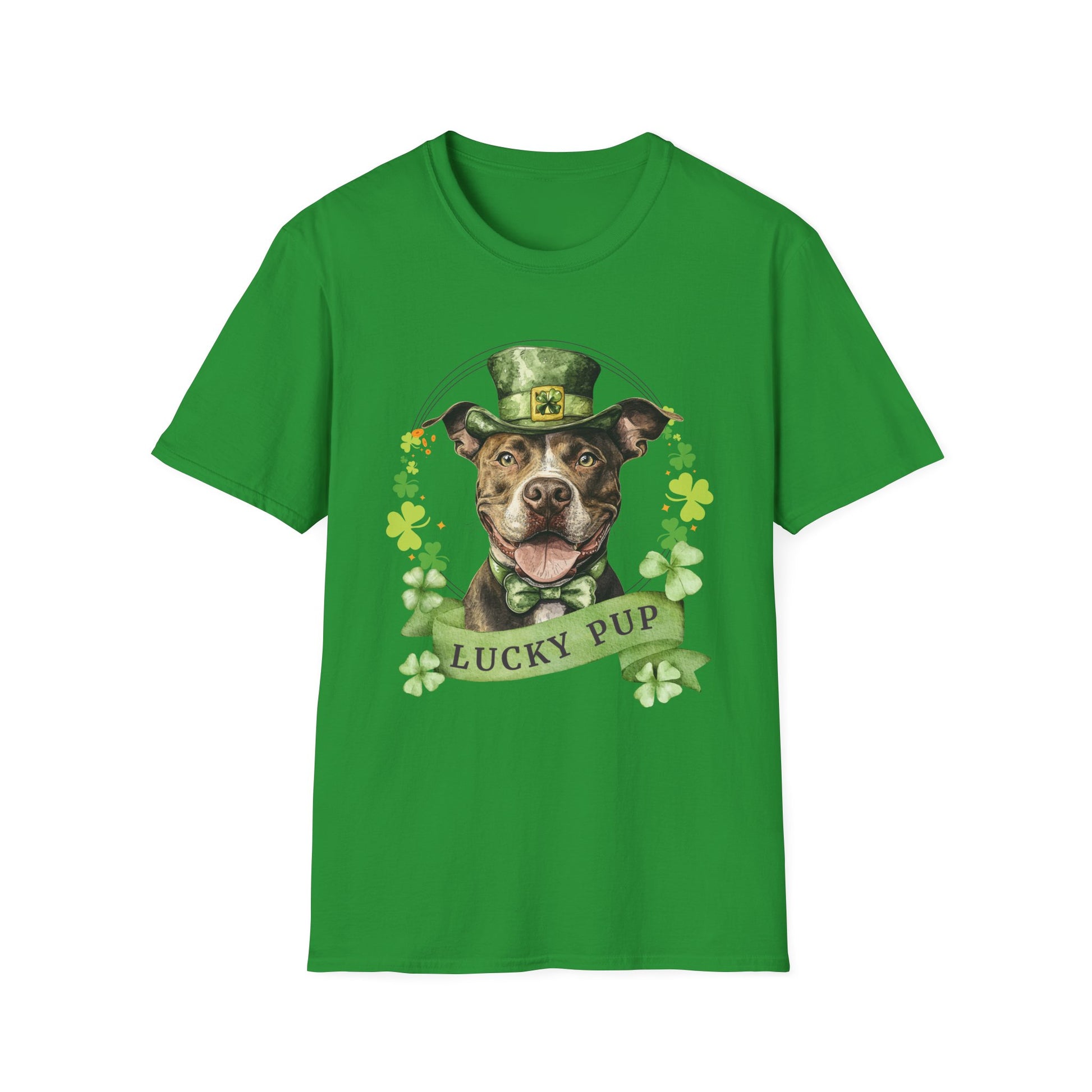 Irish Green cotton St. Patrick’s Day tee for dog moms and dads, featuring a Pit Bull dog design