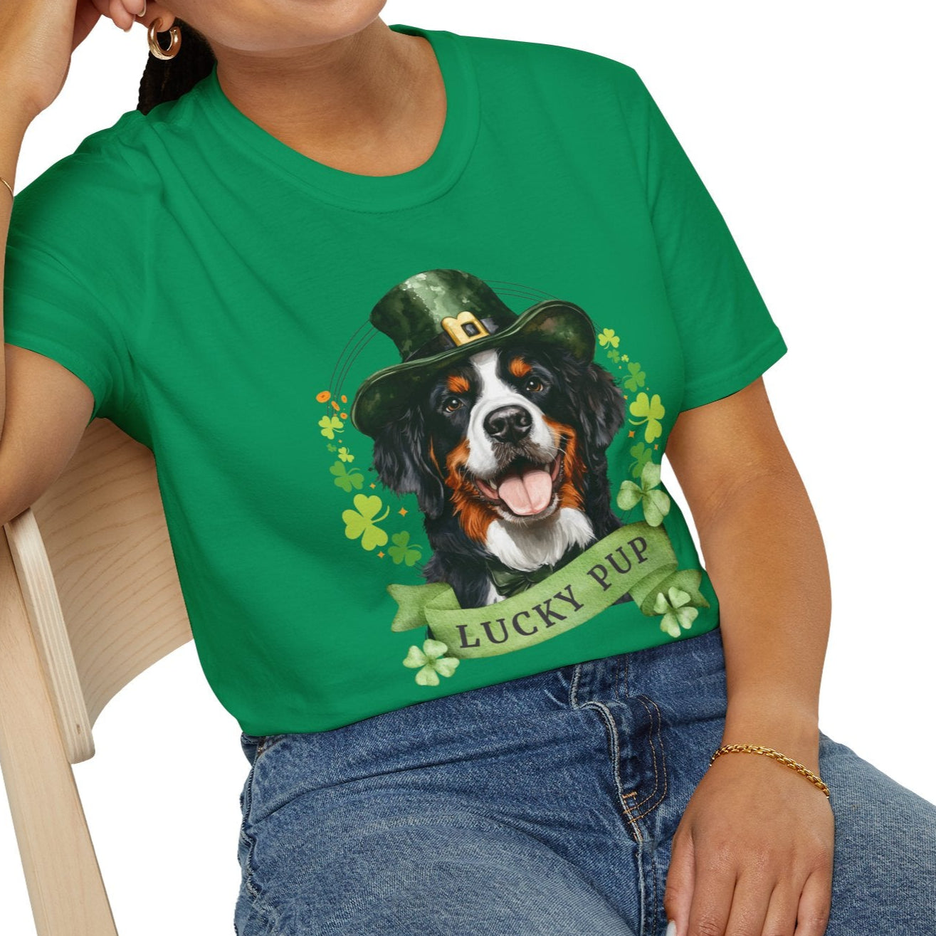 St. Patrick’s Day t-shirt featuring a bernese mountaine dog with a shamrock garland and festive Irish design