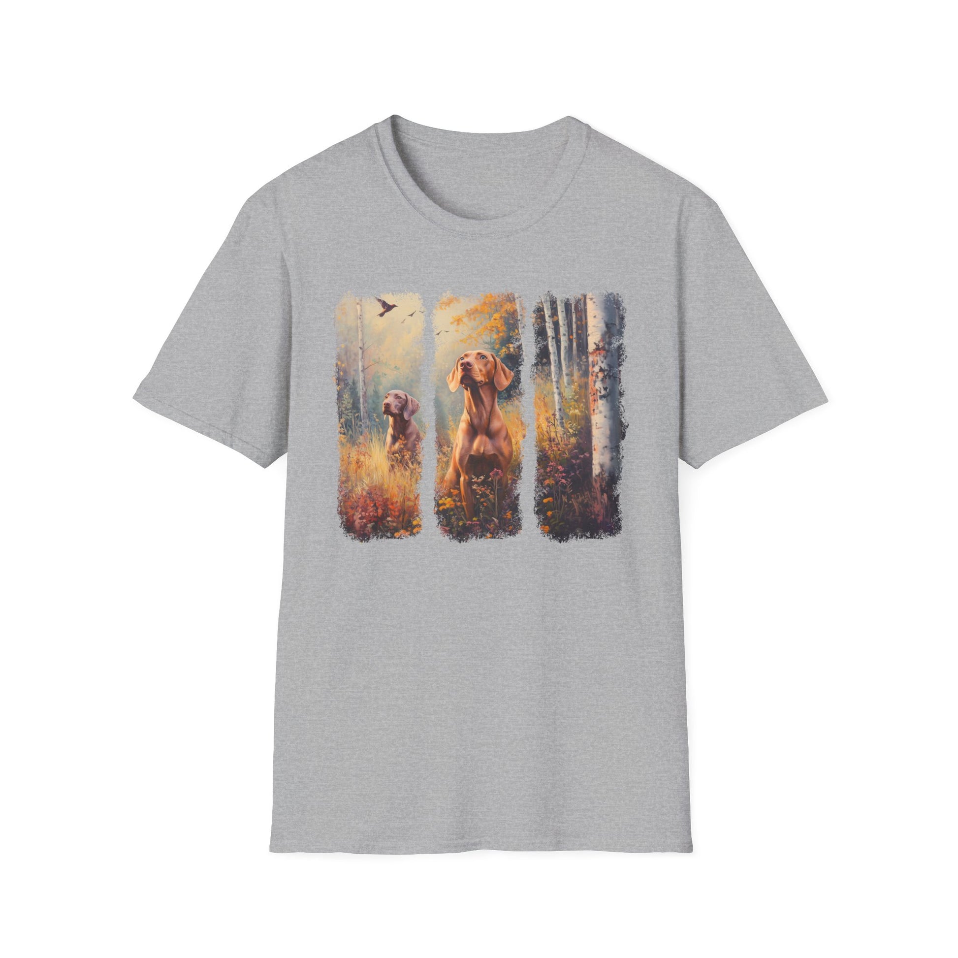 Vizsla hunting t-shirt featuring  sporting dogs in an autumn field, sport grey