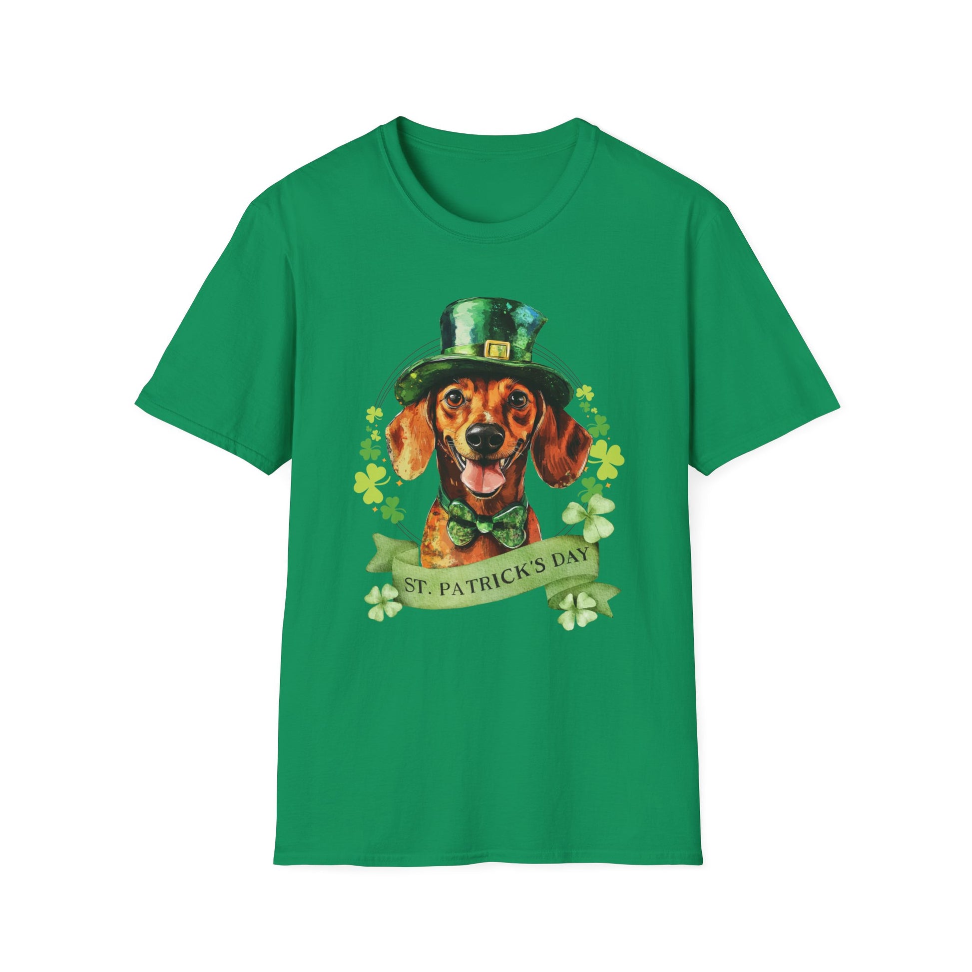 St. Patrick’s Day kelly green t-shirt featuring a Dachshund dog with a shamrock garland and festive Irish design
