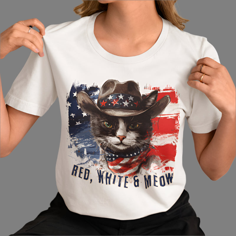 Black and White Cat  Patriotic T-Shirt "Red, White & Meow" - Cat-Themed Patriotic Design