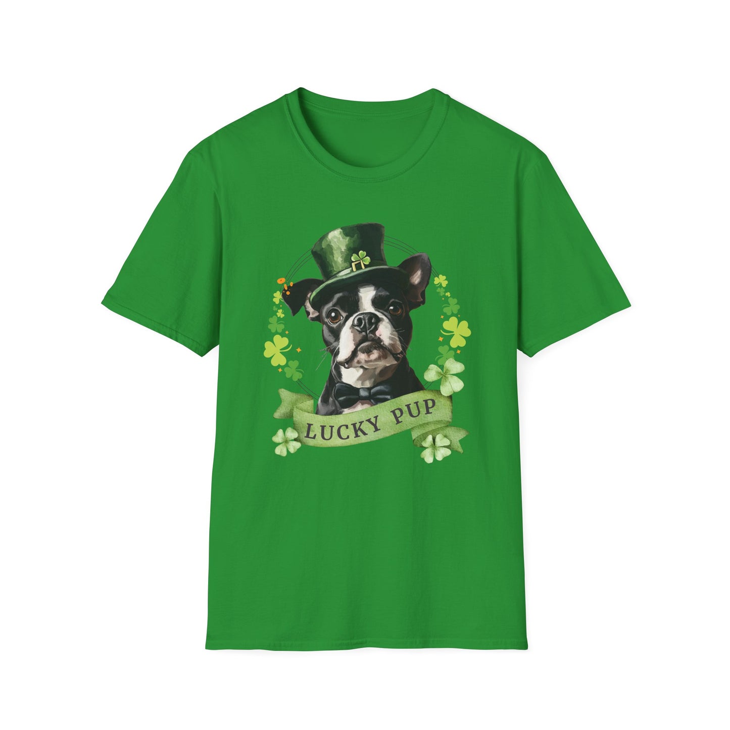  Irish green St. Patrick’s Day t-shirt featuring a Boston Terrier with a shamrock garland and festive Irish design