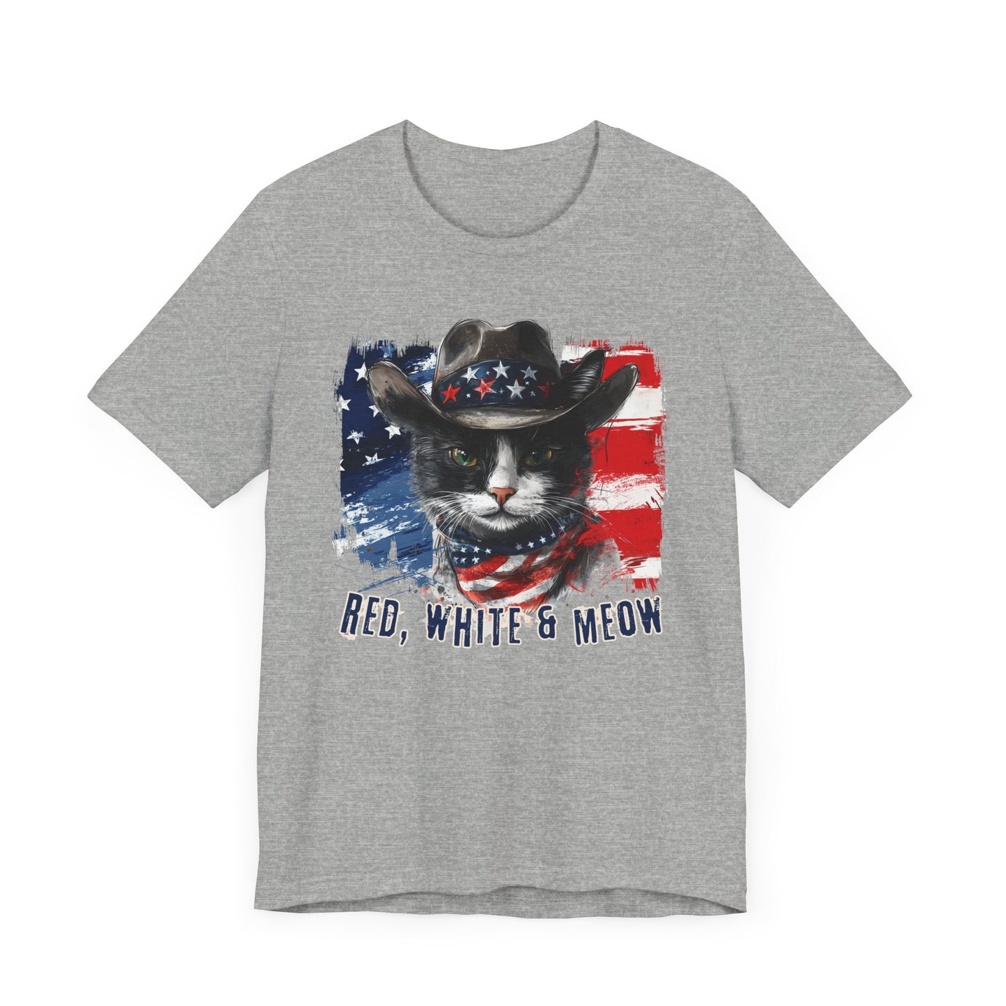 Black and White Cat  Patriotic T-Shirt "Red, White & Meow" - Cat-Themed Patriotic Design