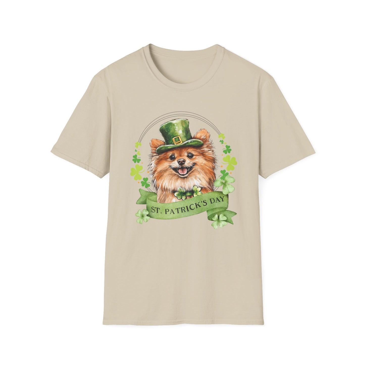 St. Patrick’s Day sand t-shirt featuring a Pomeranian dog with a shamrock garland and festive Irish design