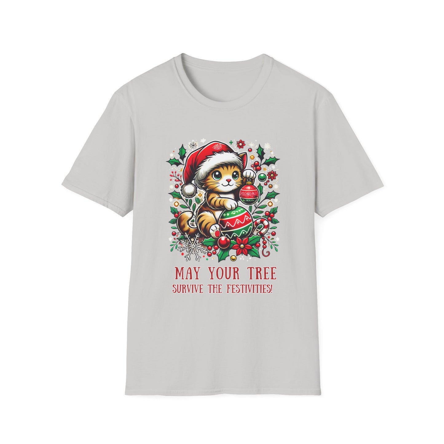 Playful Cat Christmas Tree Unisex Softstyle T-Shirt