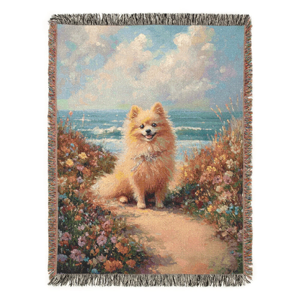 Pomeranian by the Seaside – Woven Blanket - Floral Dog Design for Home Comfort - Customization available