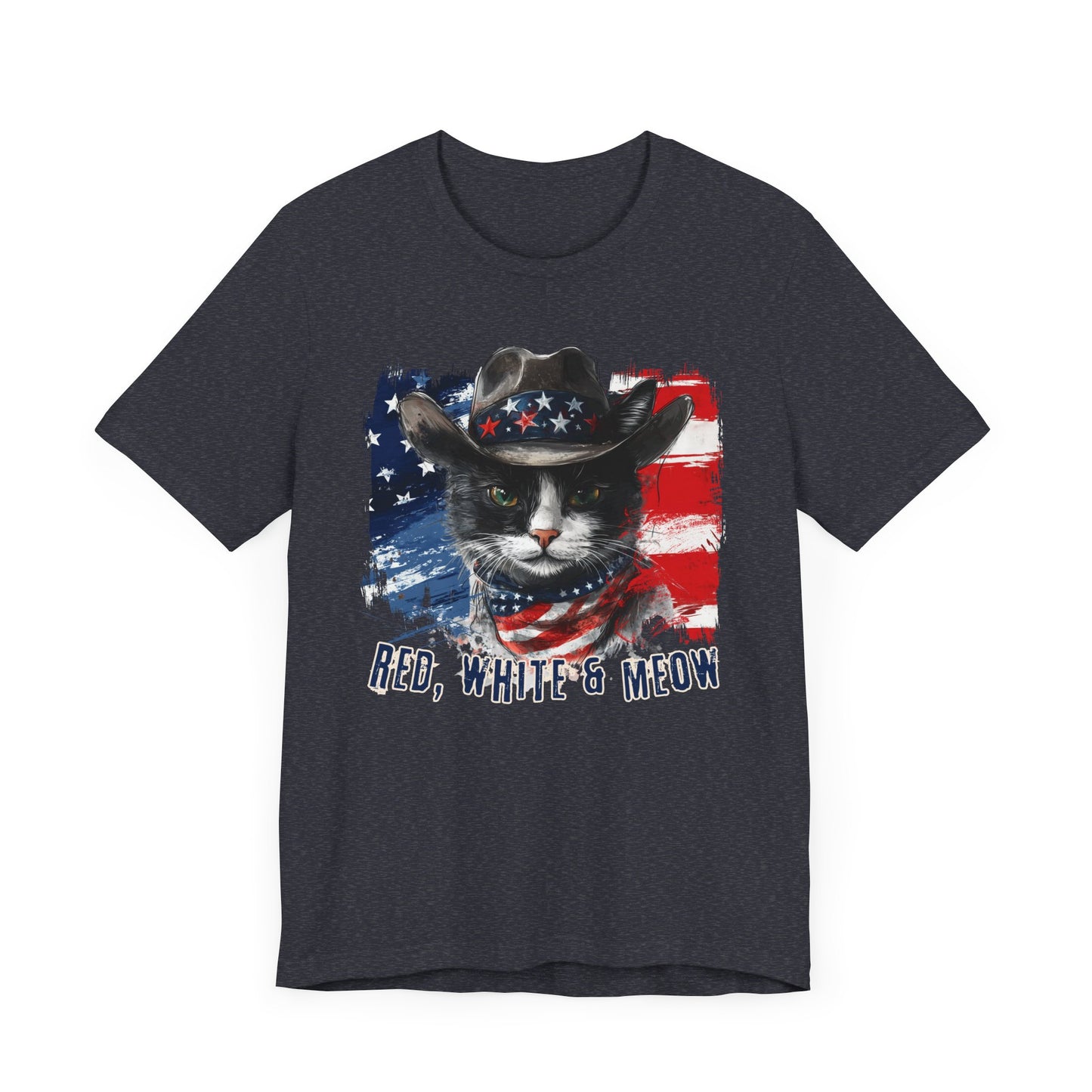 Black and White Cat  Patriotic T-Shirt "Red, White & Meow" - Cat-Themed Patriotic Design