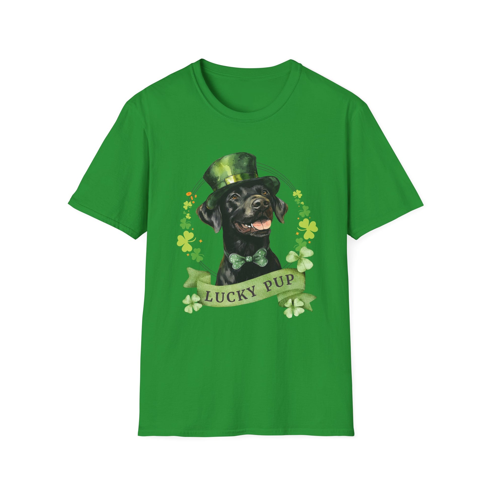 St. Patrick’s Day t-shirt featuring a Black Labrador Retriever dog with a shamrock garland and festive Irish design
