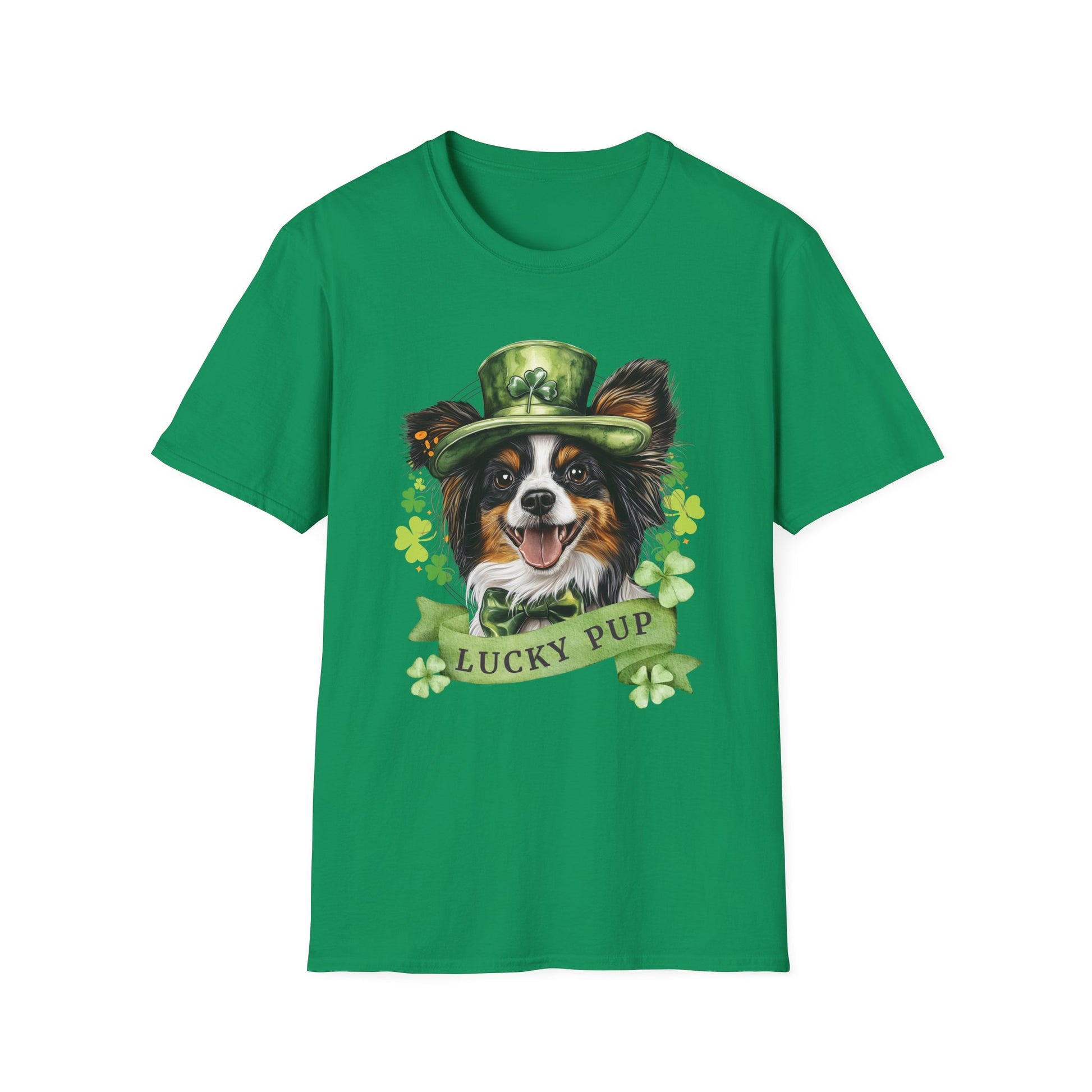 St. Patrick’s Day irish green  t-shirt featuring a Papillon dog with a shamrock garland and festive Irish design