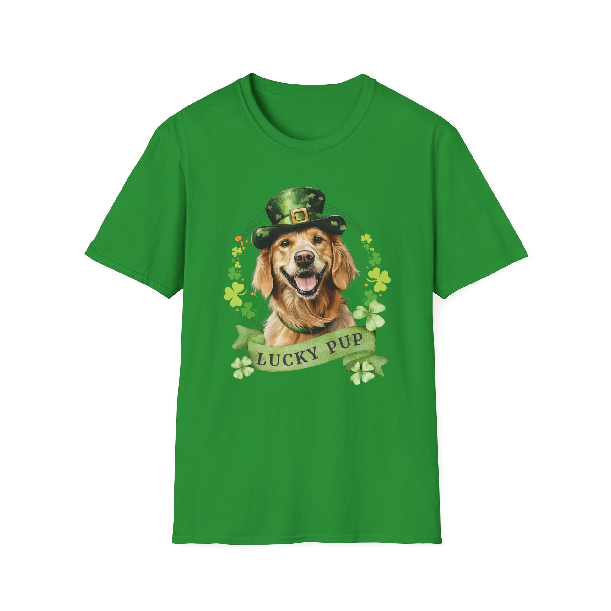 St. Patrick’s Day irish green t-shirt featuring a golden retriever dog with a shamrock garland and festive Irish designan 