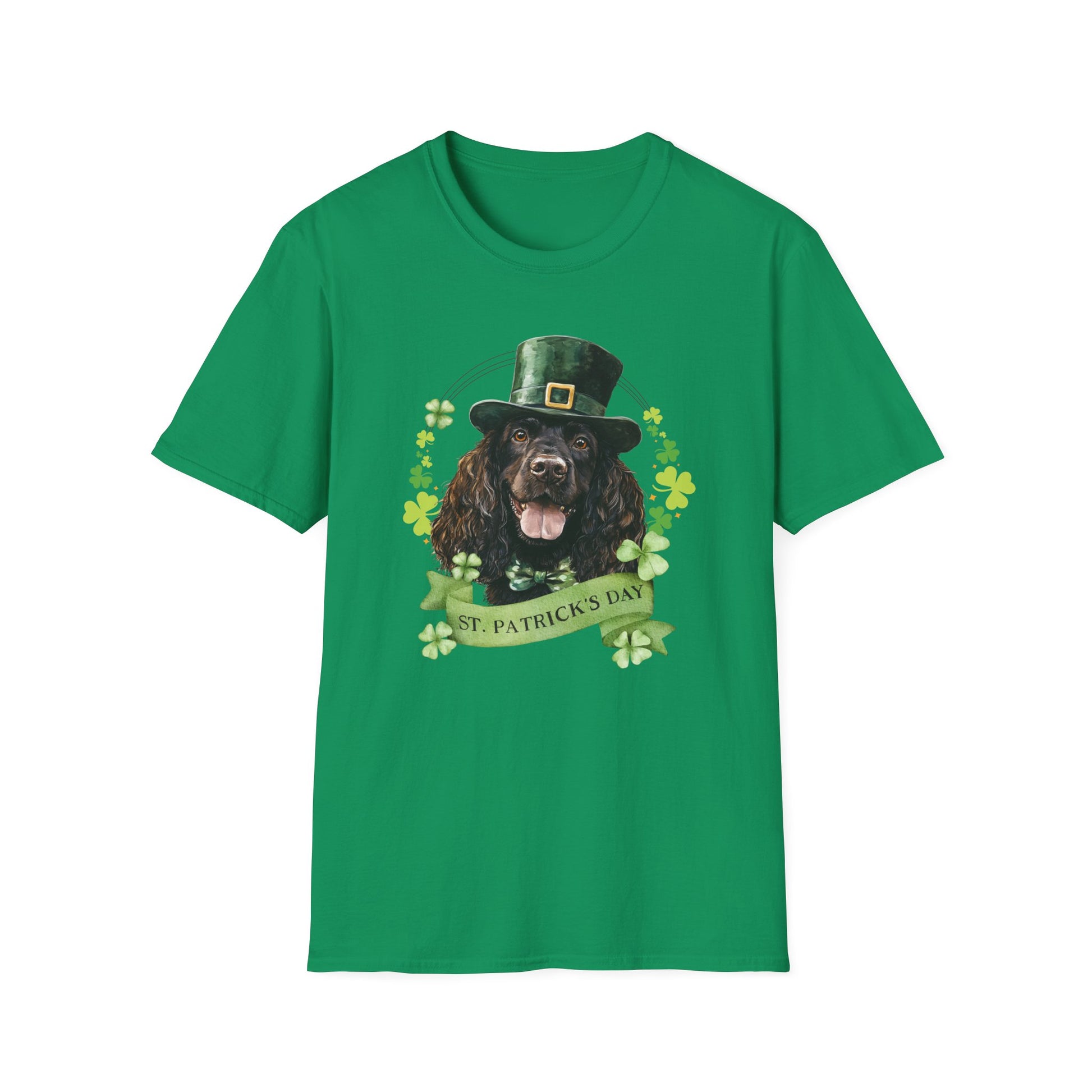 St. Patrick’s Day t-shirt featuring an Irish Water Spaniel with a shamrock garland and festive Irish design