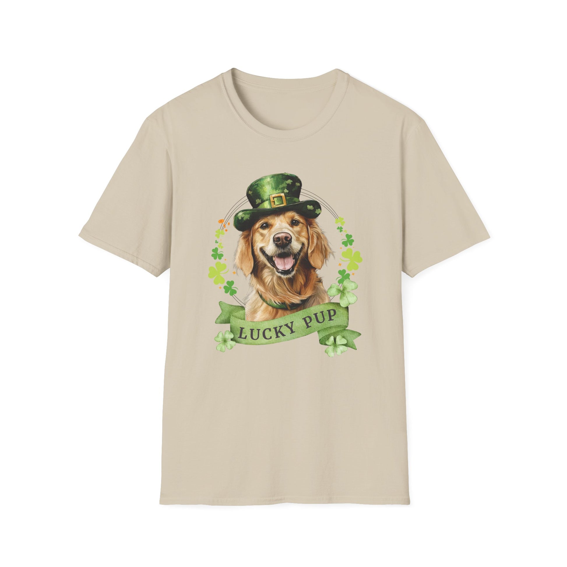 St. Patrick’s Day sand t-shirt featuring a golden retriever dog with a shamrock garland and festive Irish designan 