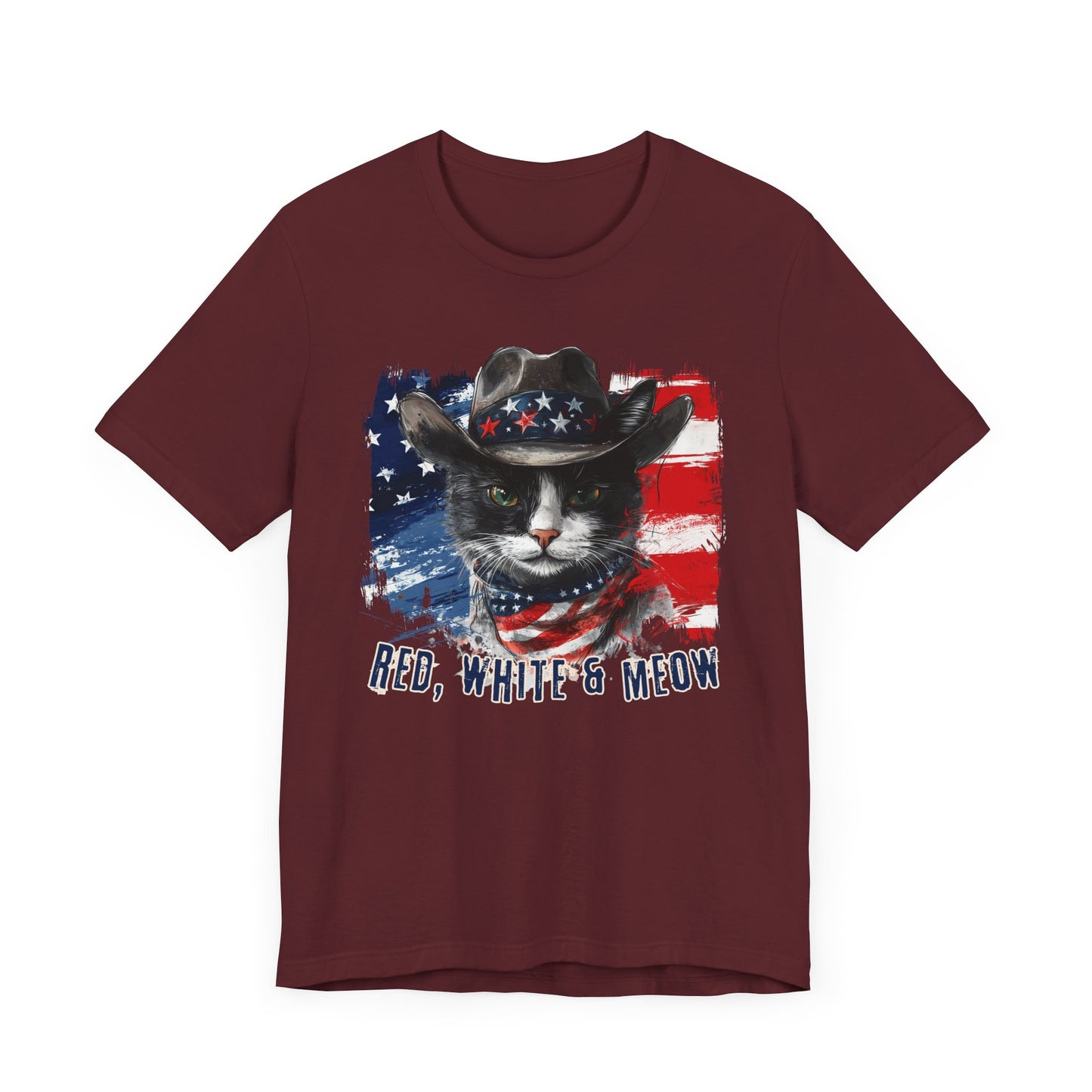 Black and White Cat  Patriotic T-Shirt "Red, White & Meow" - Cat-Themed Patriotic Design