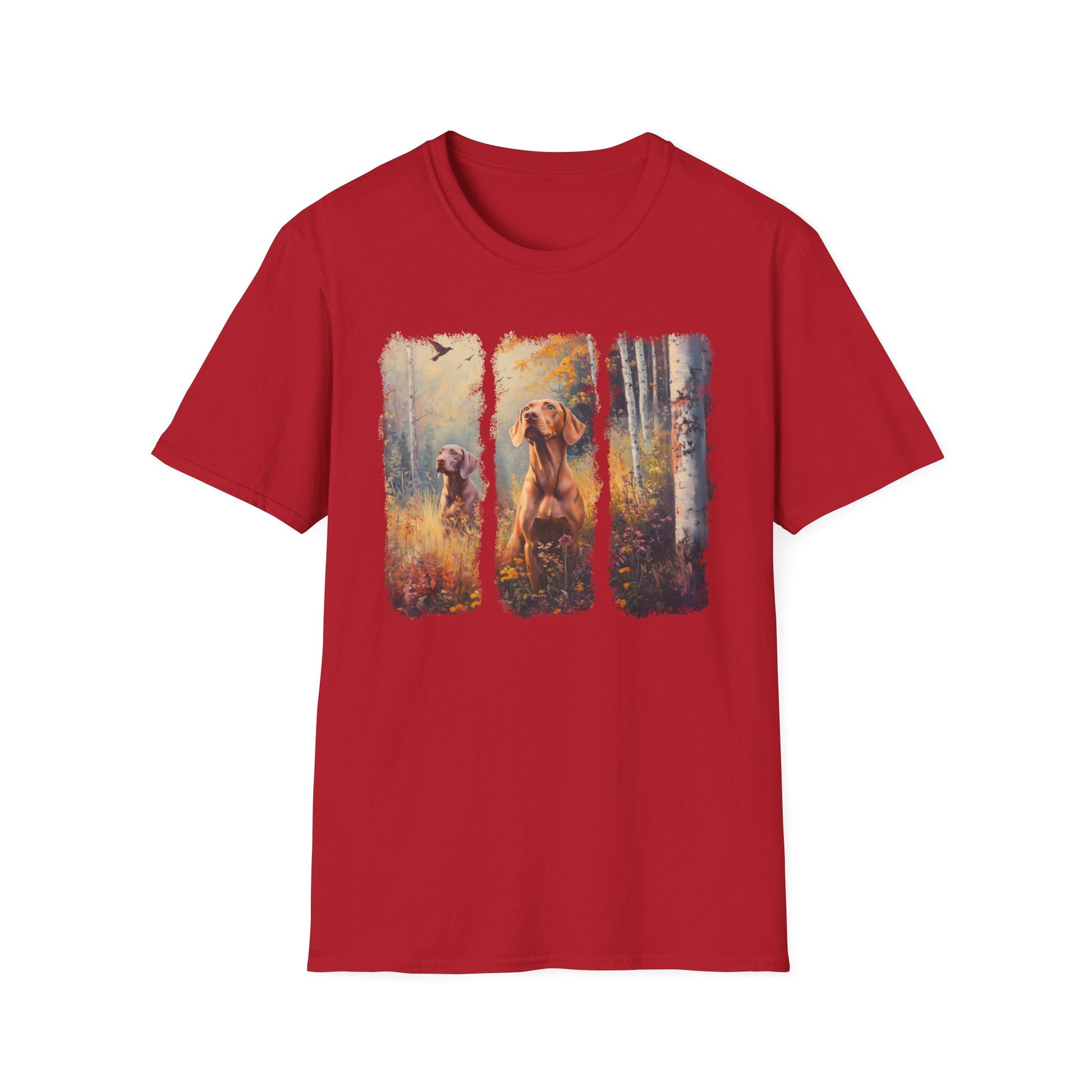 Vizsla hunting t-shirt featuring  sporting dogs in an autumn field, red