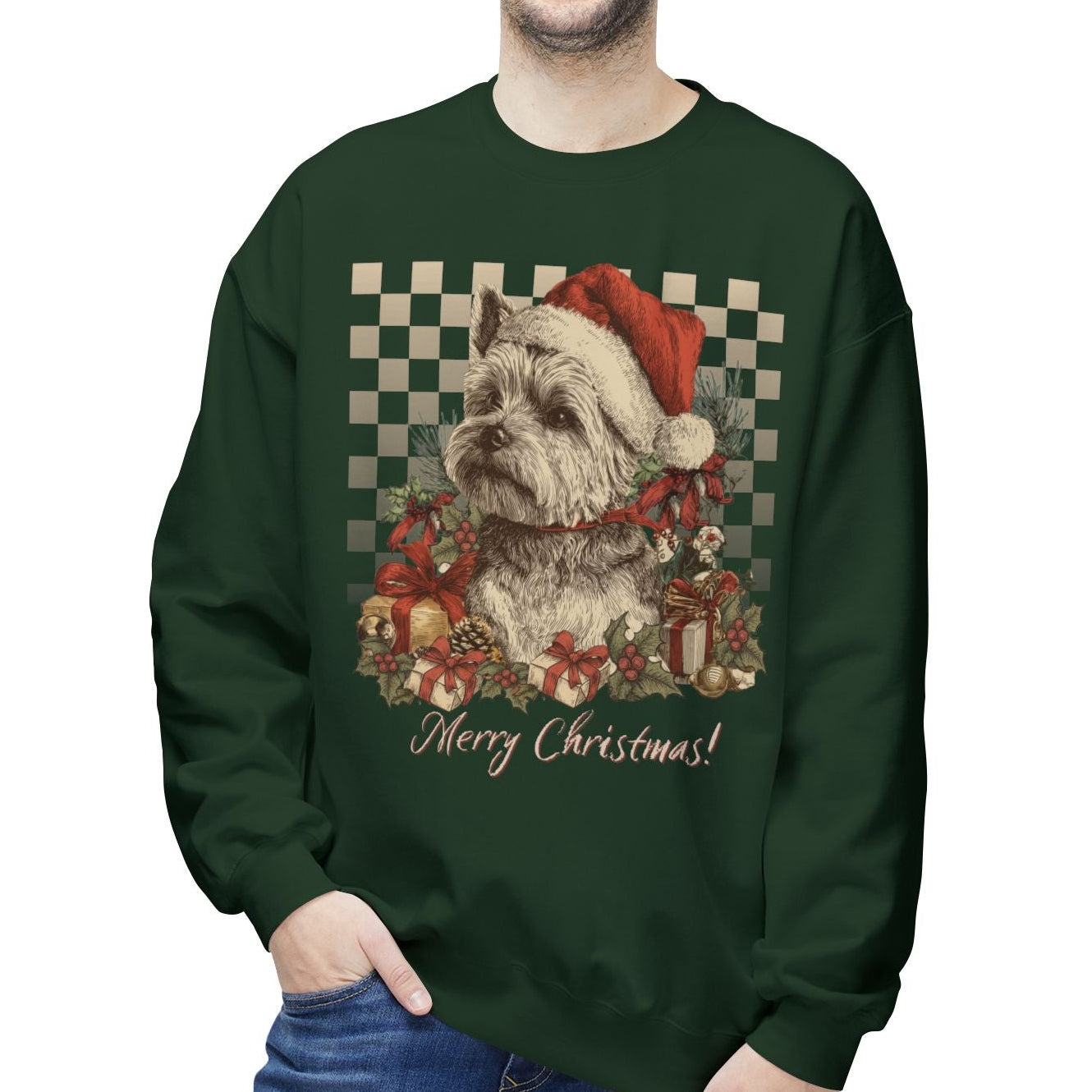 Man wearing a green Christmas-themed sweatshirt with a dog design on a white background