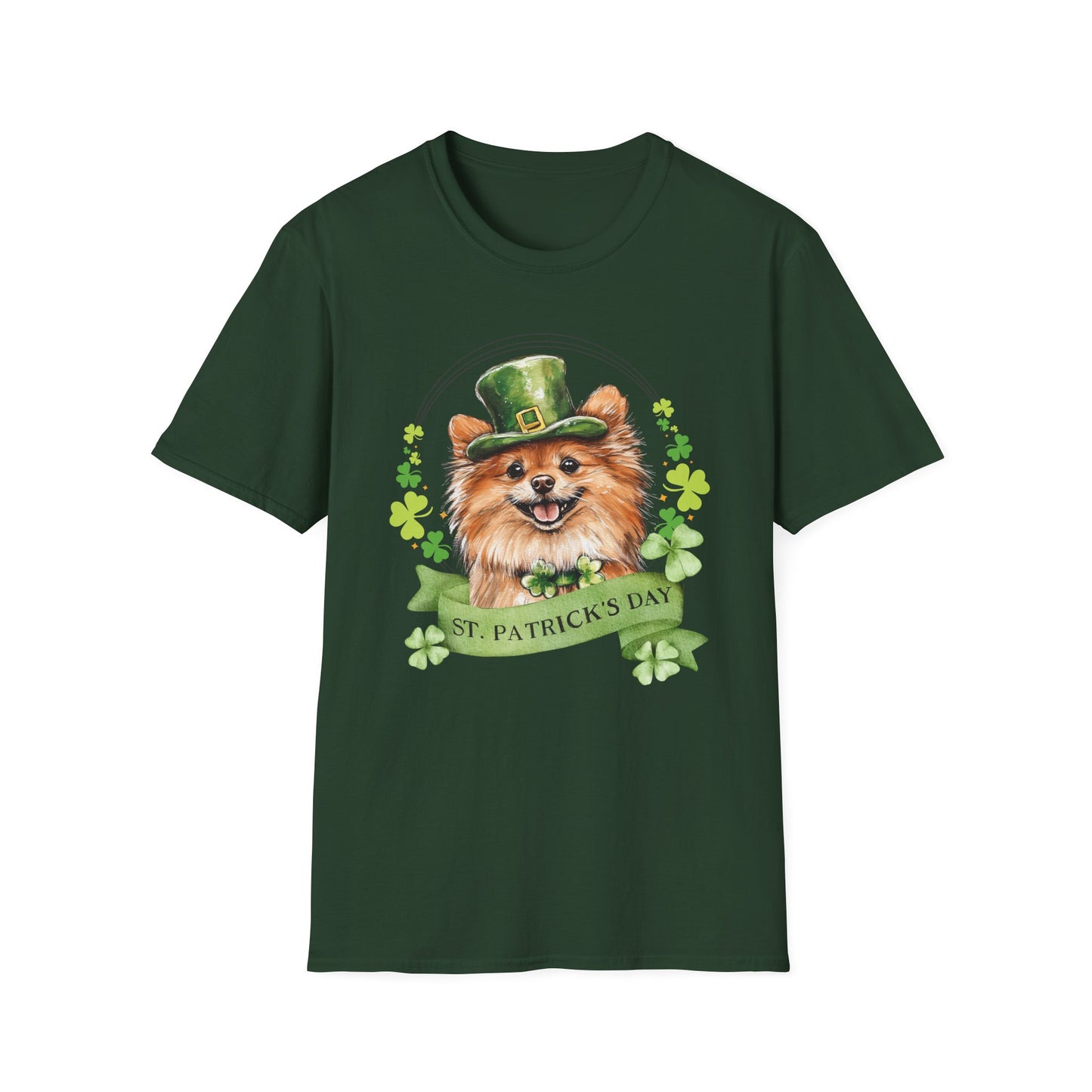 St. Patrick’s Day forest green t-shirt featuring a Pomeranian dog with a shamrock garland and festive Irish design