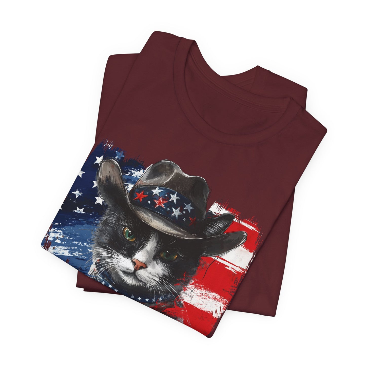 Black and White Cat  Patriotic T-Shirt "Red, White & Meow" - Cat-Themed Patriotic Design