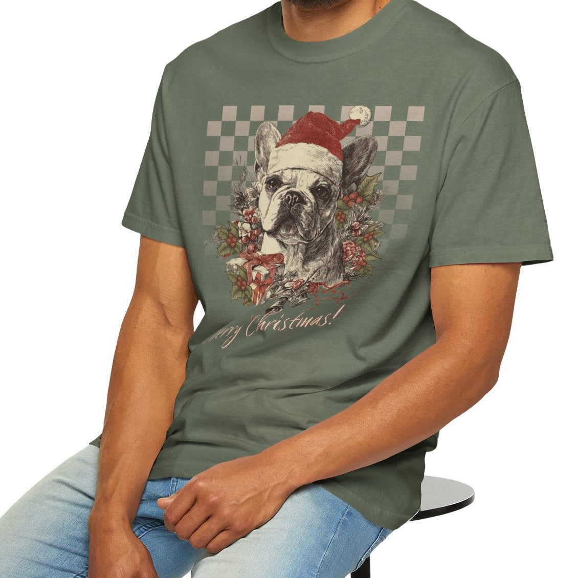 French Bulldog (Frenchie) Vintage Checkered Christmas Tee