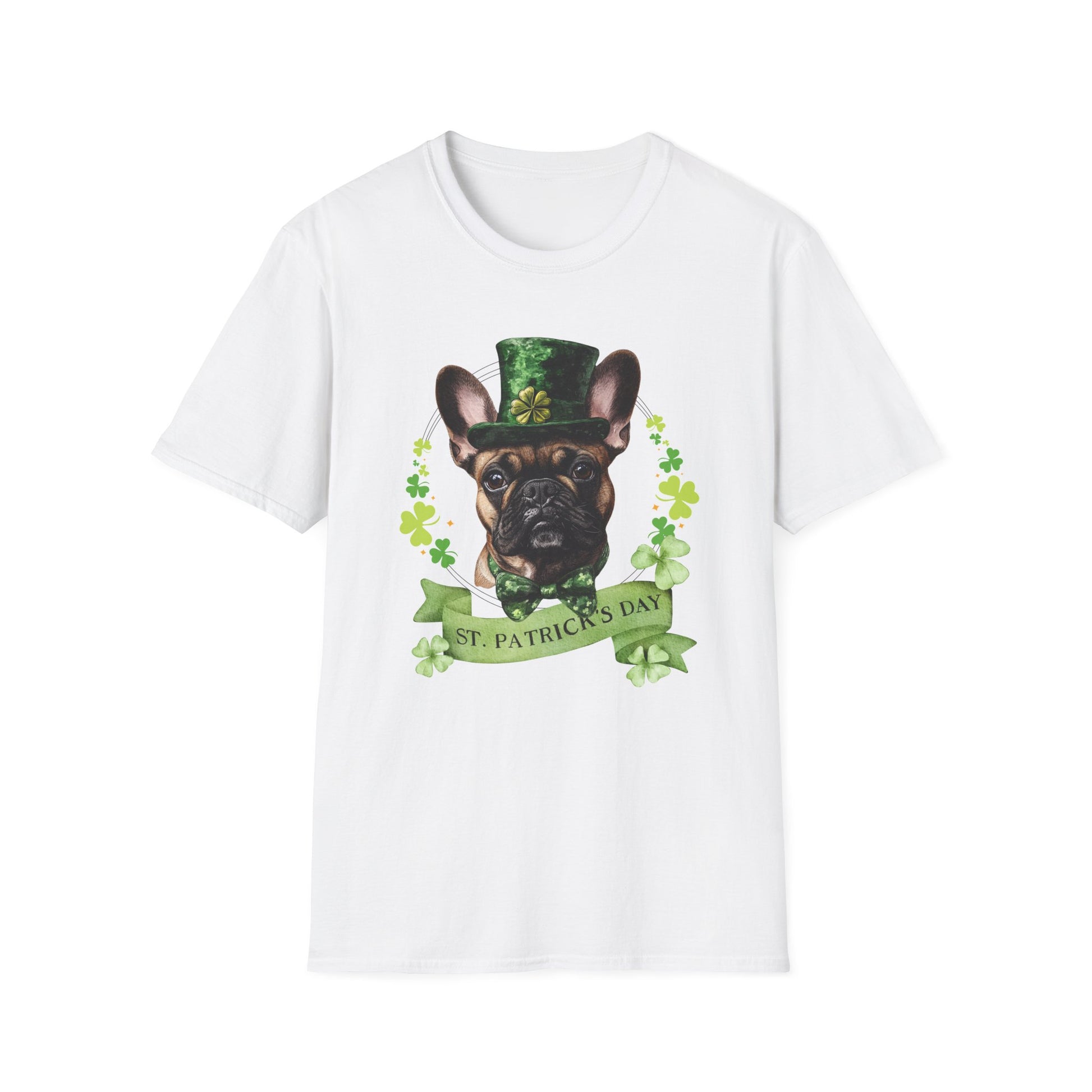 St. Patrick’s Day white t-shirt featuring a fawn french bulldog with a shamrock garland and festive Irish design