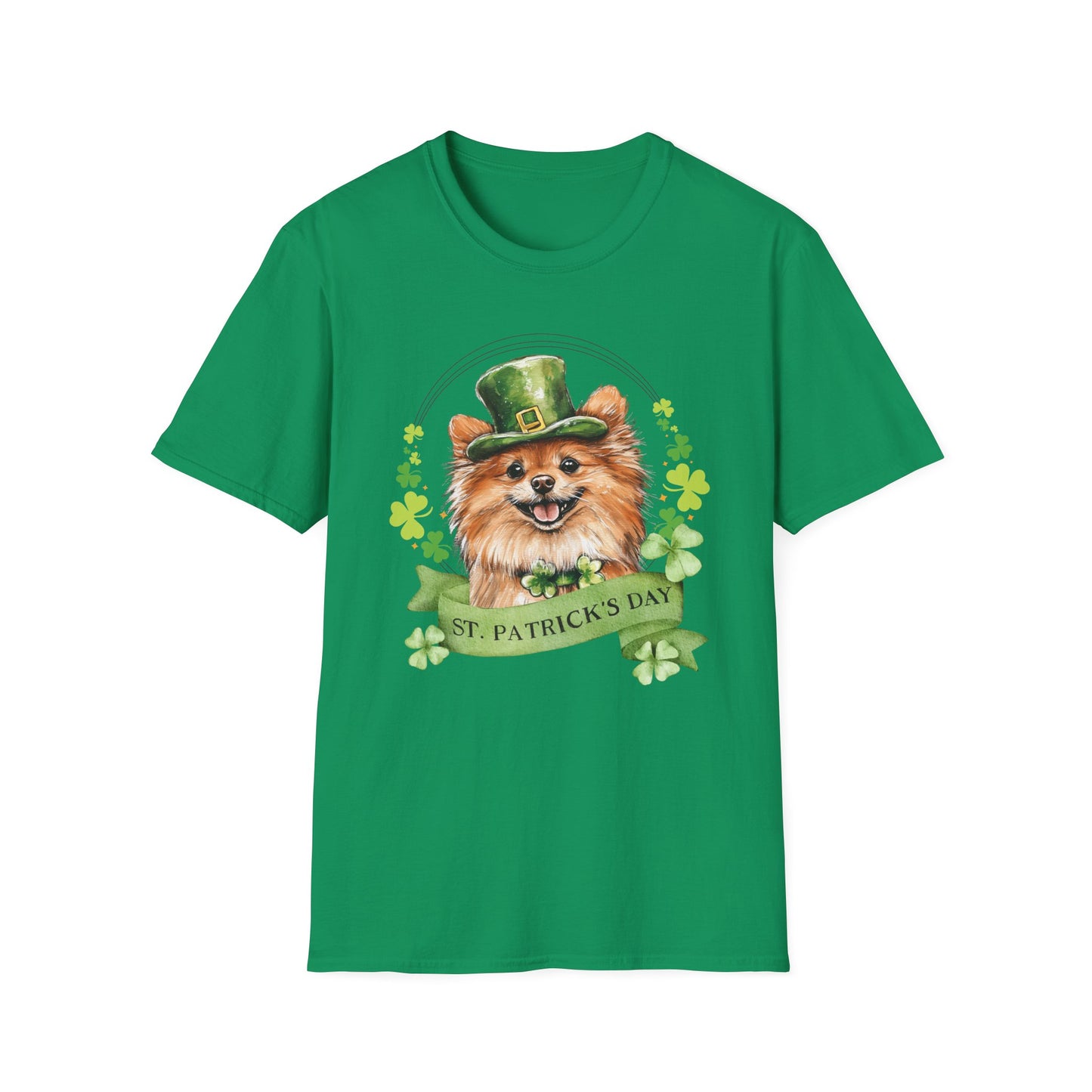 St. Patrick’s Day kelly green t-shirt featuring a Pomeranian dog with a shamrock garland and festive Irish design