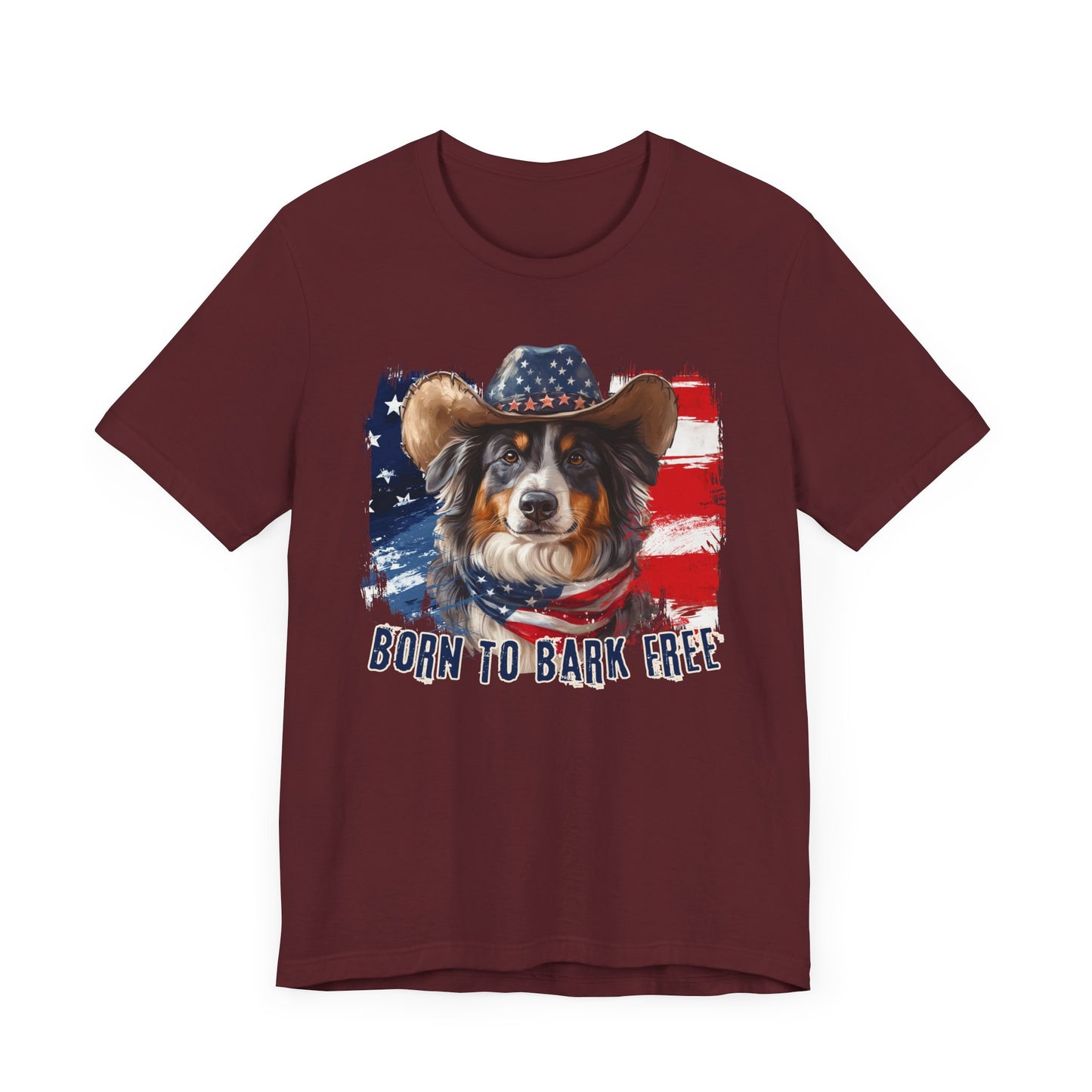 Australian Shepherd Patriotic T-Shirt "Born to Bark Free" - Dog-Themed Patriotic Design