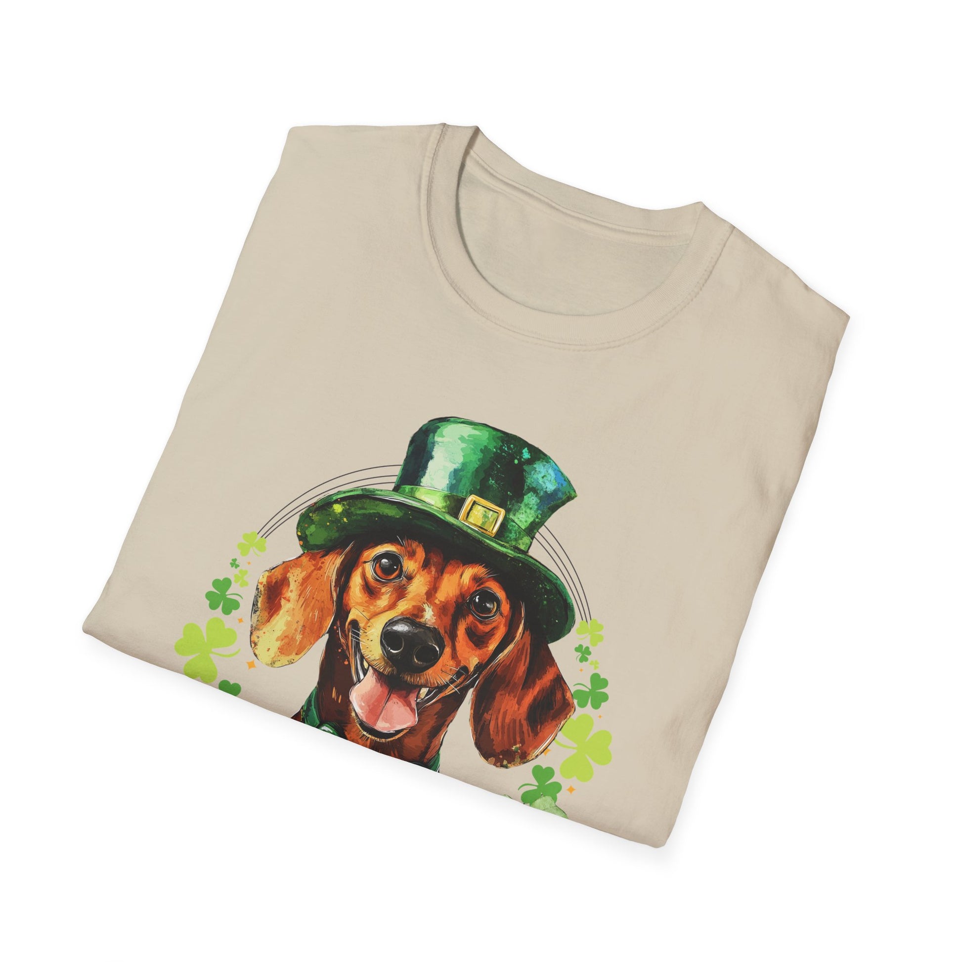 St. Patrick’s Day t-shirt featuring a Dachshund dog with a shamrock garland and festive Irish design