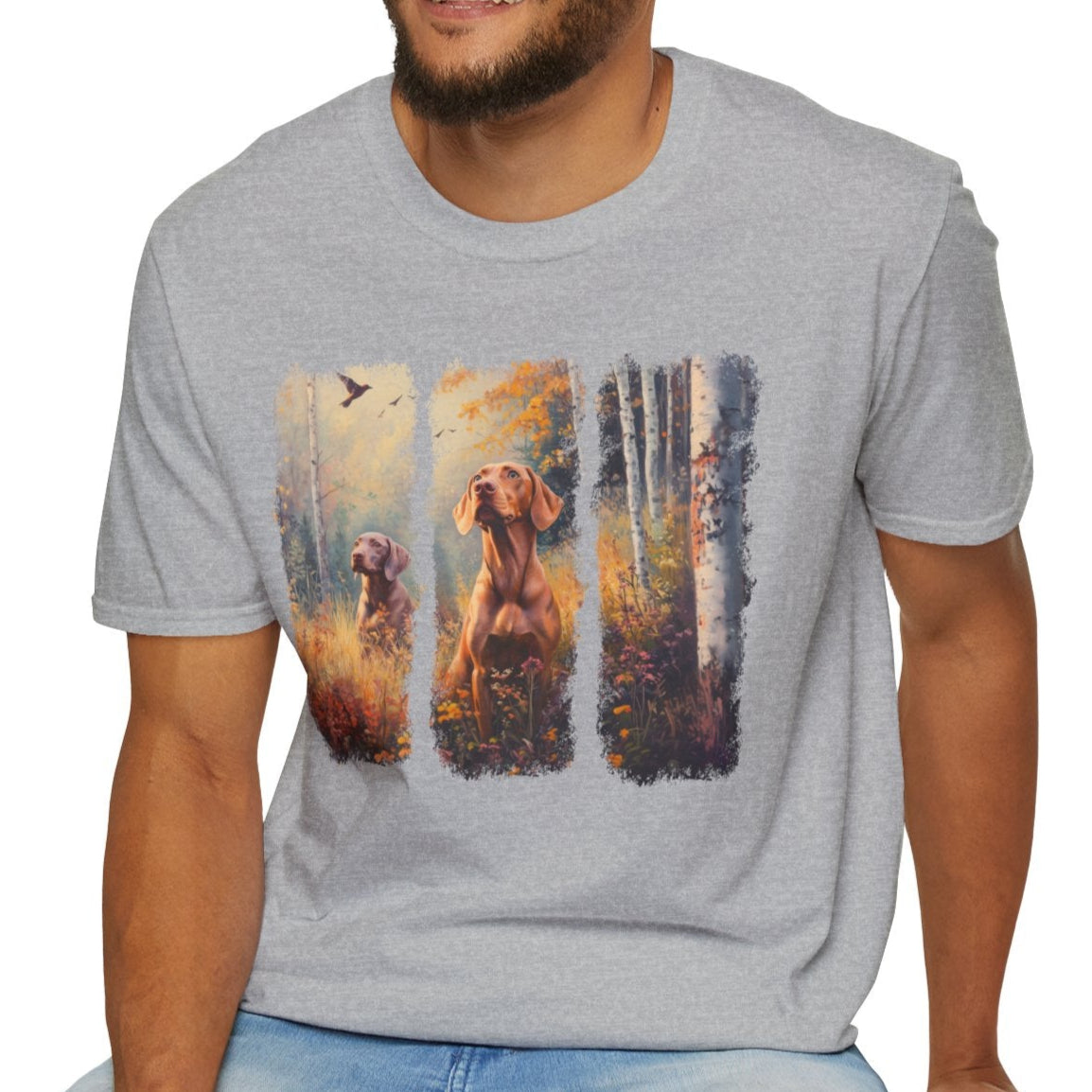 A man wearign Vizsla hunting t-shirt featuring  sporting dogs in an autumn field, sport grey